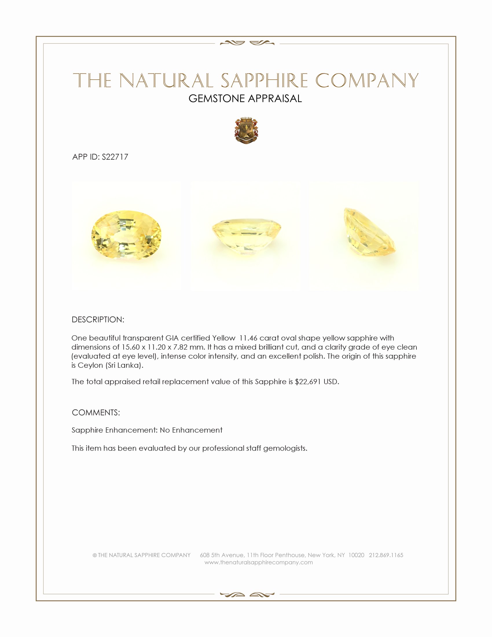 11.46 Ct. Yellow Sapphire from Ceylon (Sri Lanka)