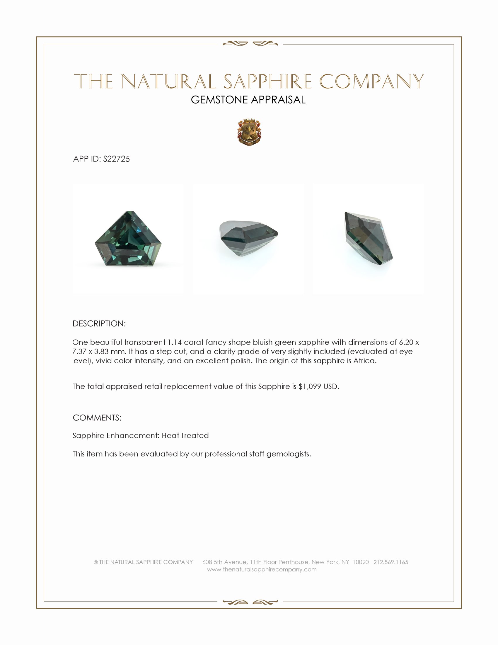 1.14 Ct. Bluish Green Sapphire from Africa