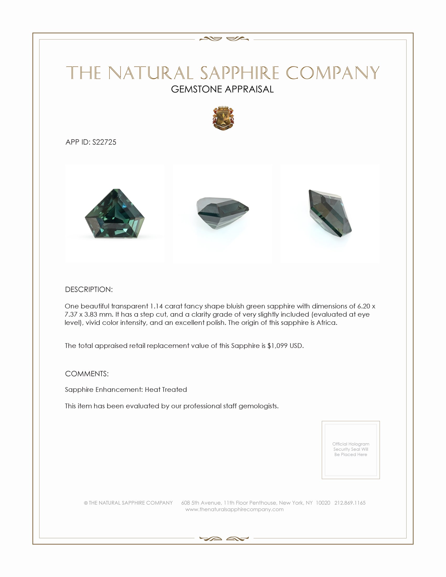 1.14 Ct. Bluish Green Sapphire from Africa