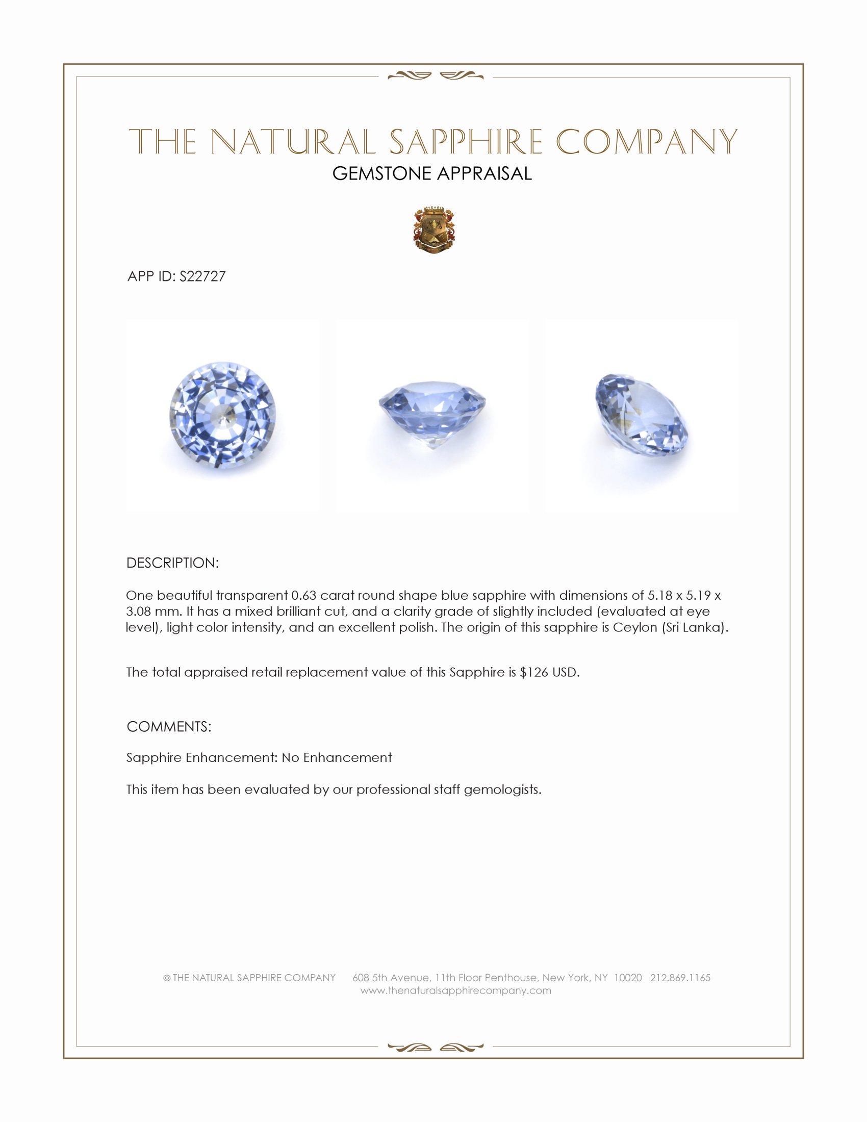 0.63 Ct. Blue Sapphire from Ceylon (Sri Lanka)