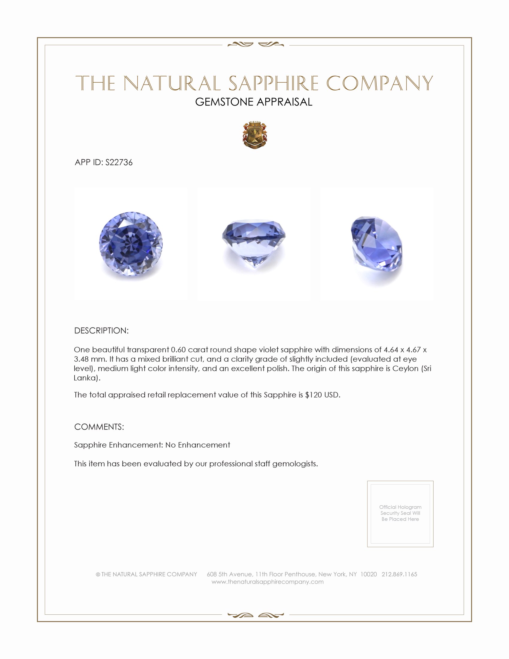 0.60 Ct. Violet Sapphire from Ceylon (Sri Lanka)