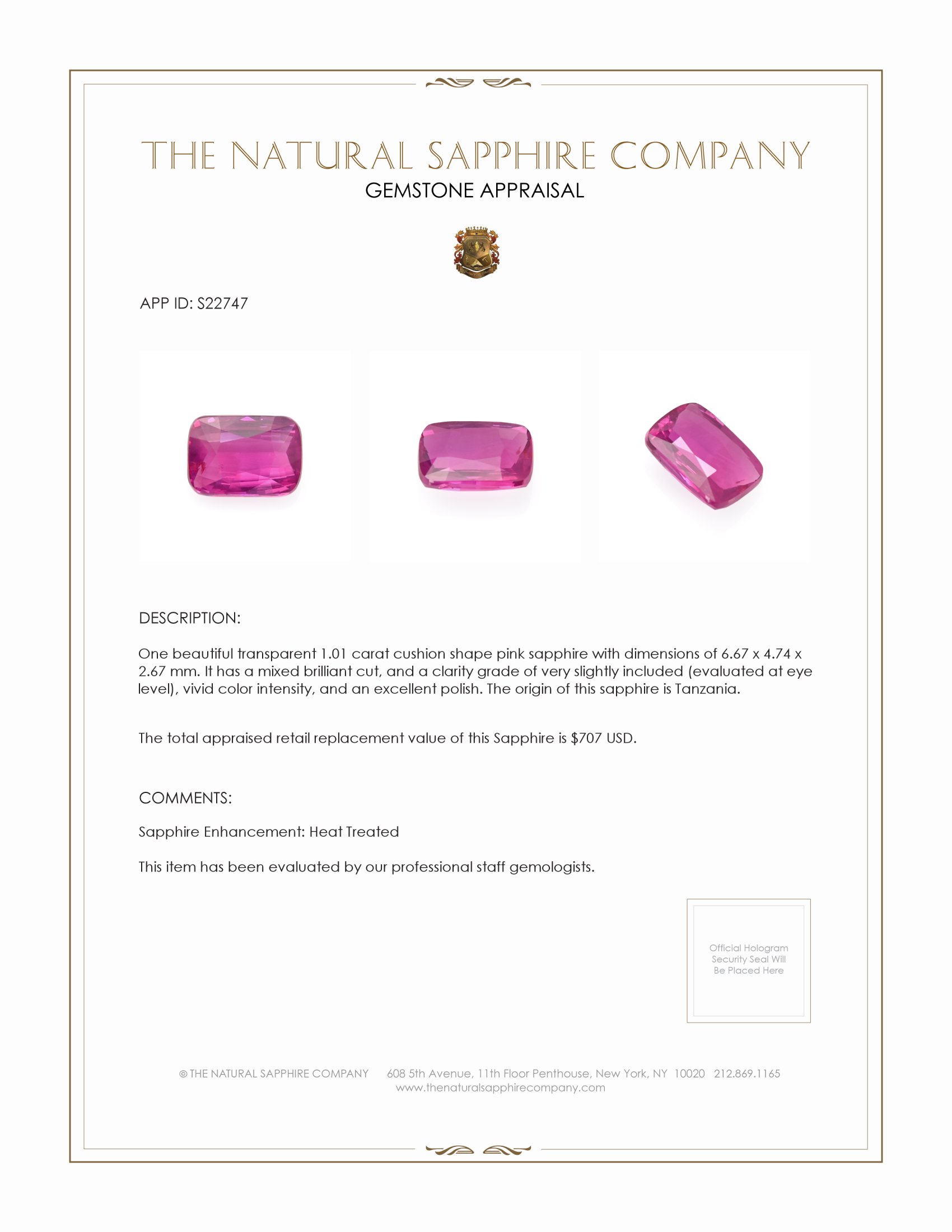 1.01 Ct. Pink Sapphire from Tanzania