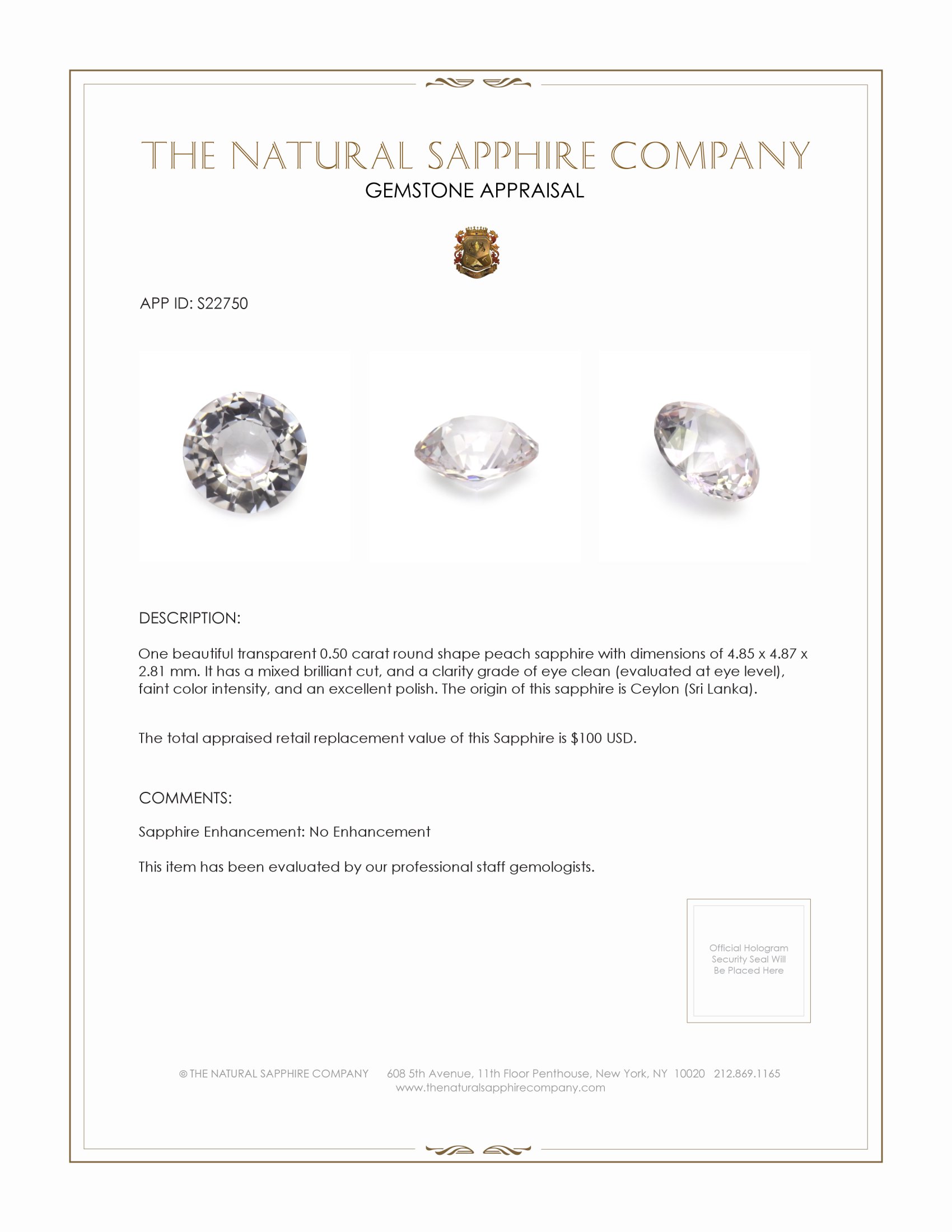 0.50 Ct. Peach Sapphire from Ceylon (Sri Lanka)