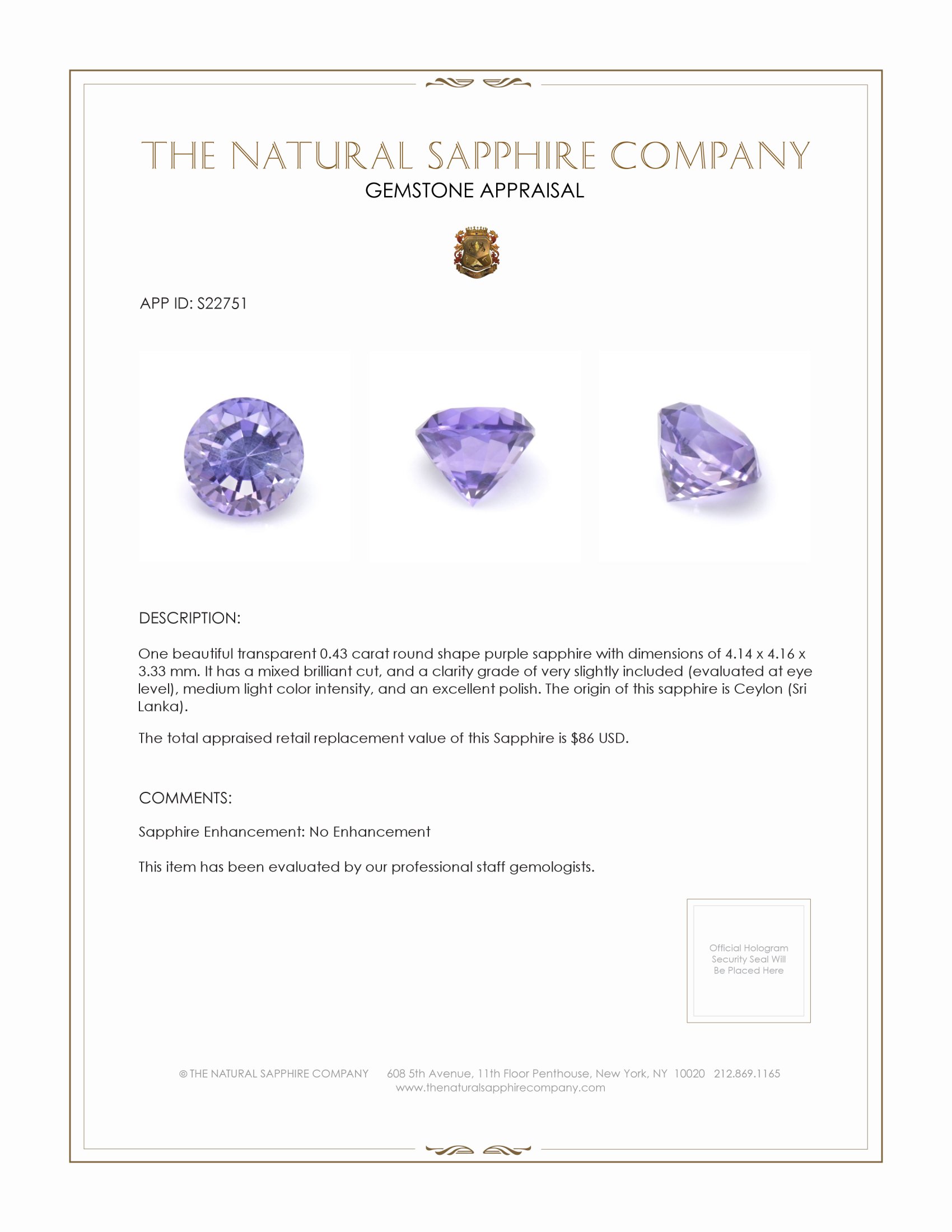 0.43 Ct. Purple Sapphire from Ceylon (Sri Lanka)