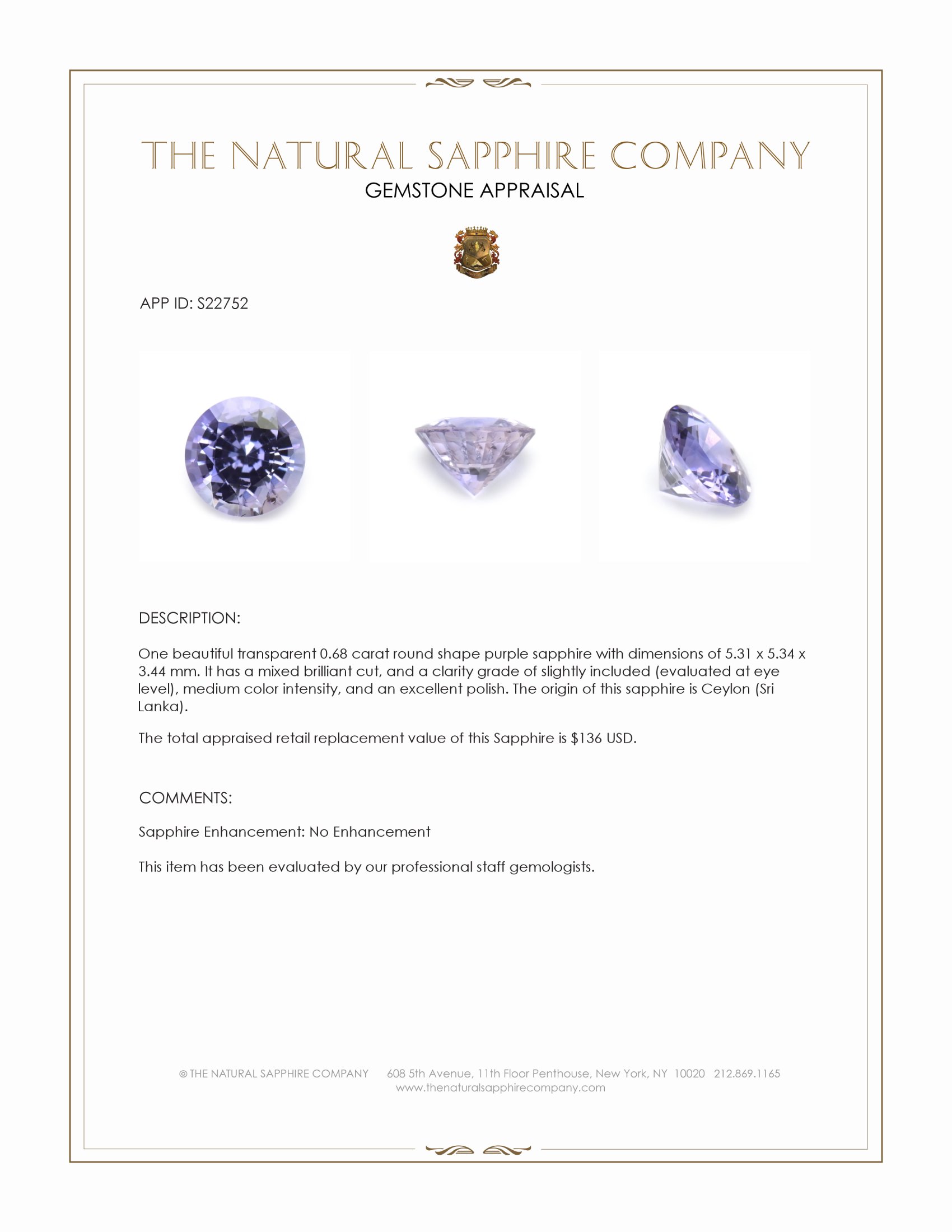 0.68 Ct. Purple Sapphire from Ceylon (Sri Lanka)