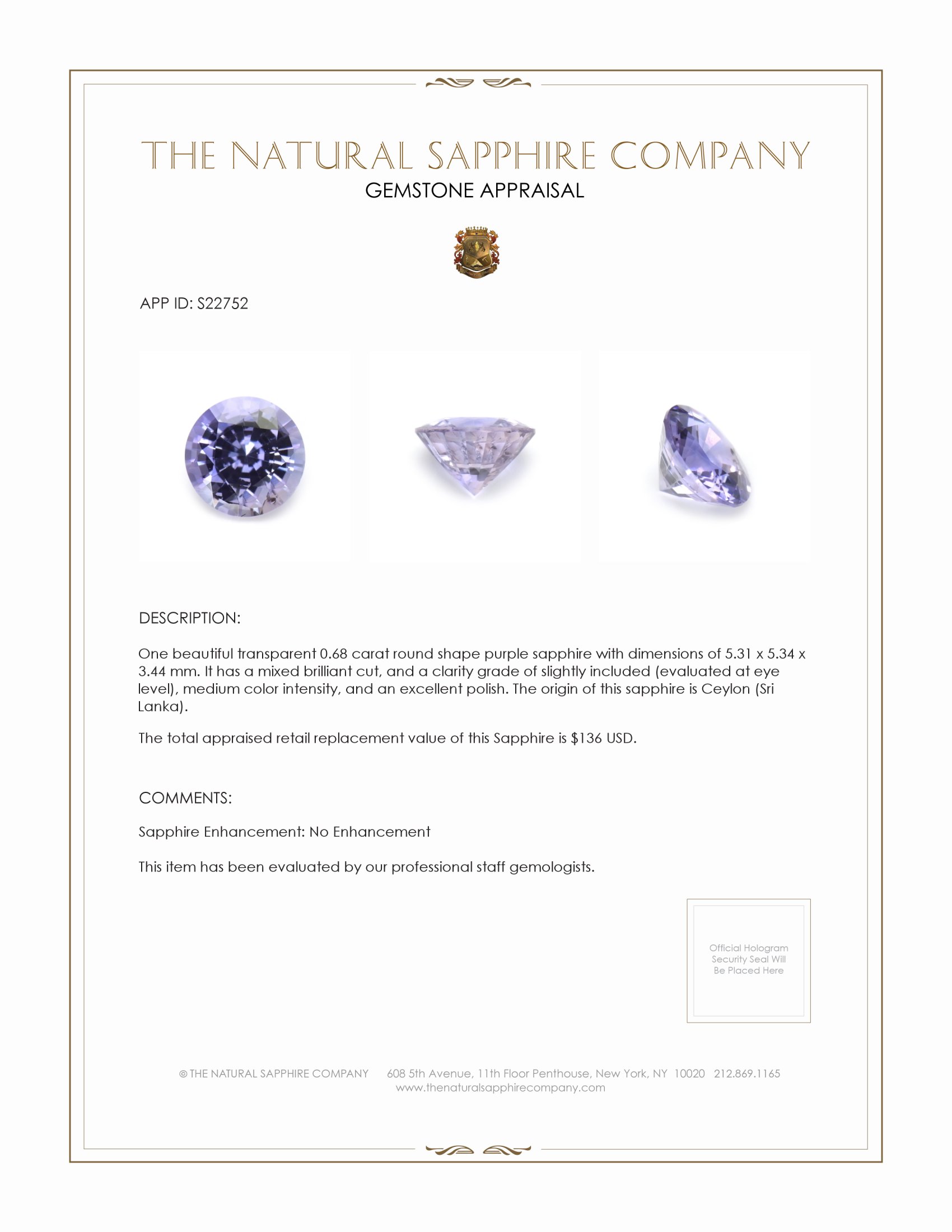 0.68 Ct. Purple Sapphire from Ceylon (Sri Lanka)