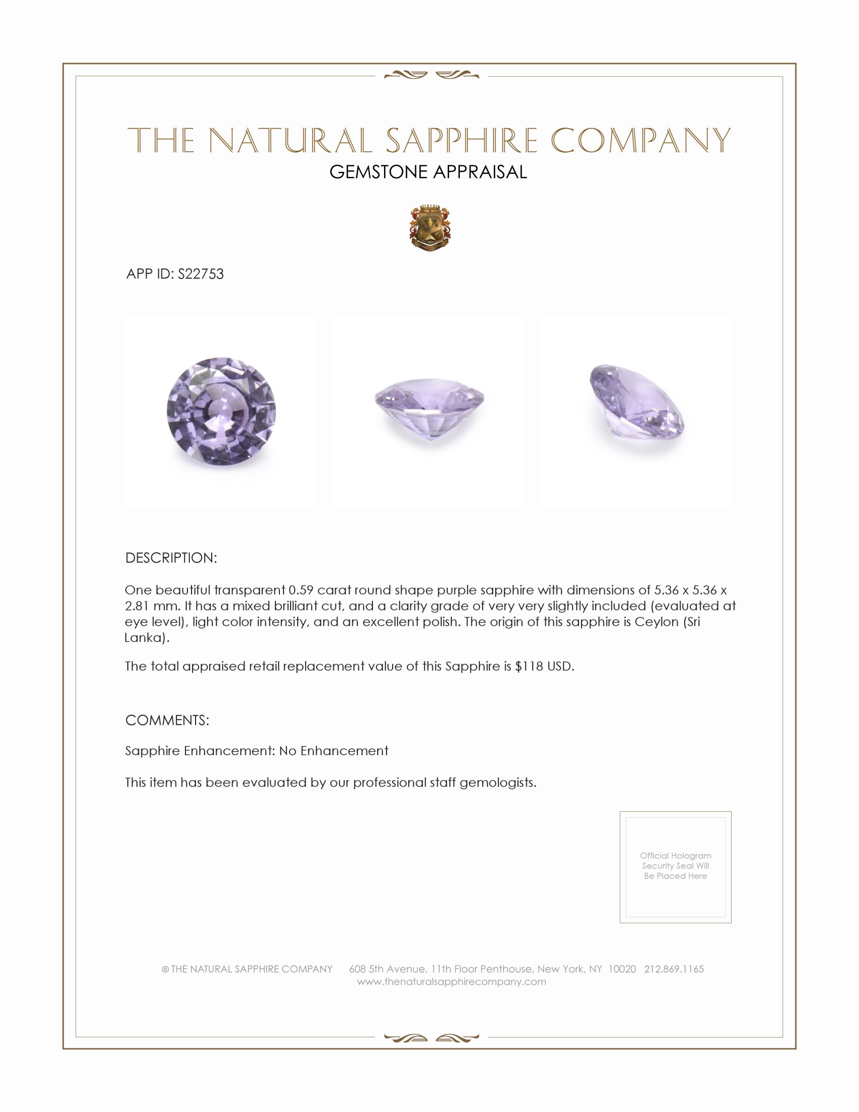 0.59 Ct. Purple Sapphire from Ceylon (Sri Lanka)