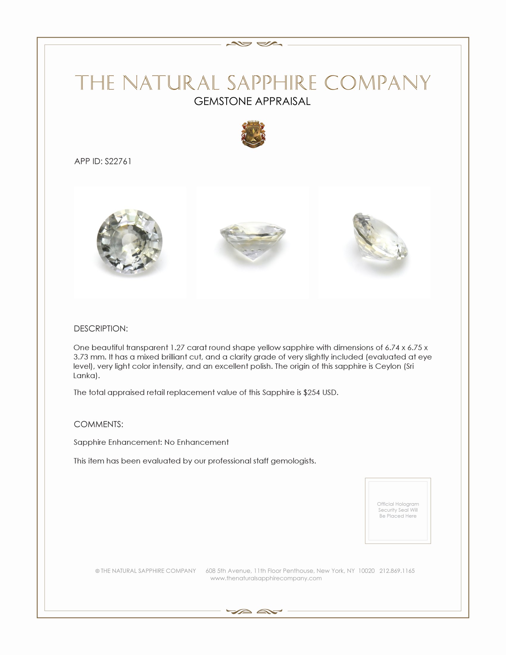 1.27 Ct. Yellow Sapphire from Ceylon (Sri Lanka)