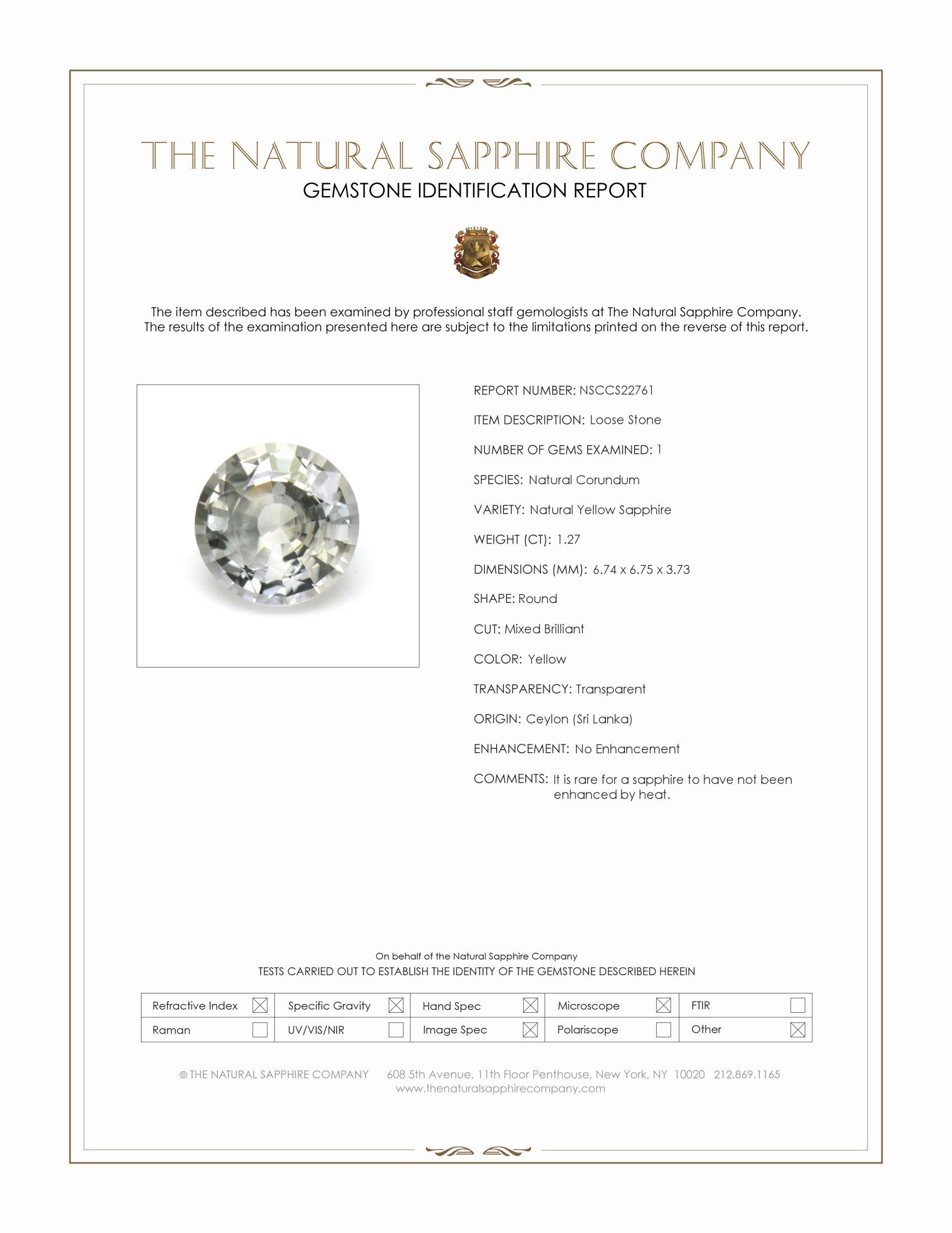 1.27 Ct. Yellow Sapphire from Ceylon (Sri Lanka)
