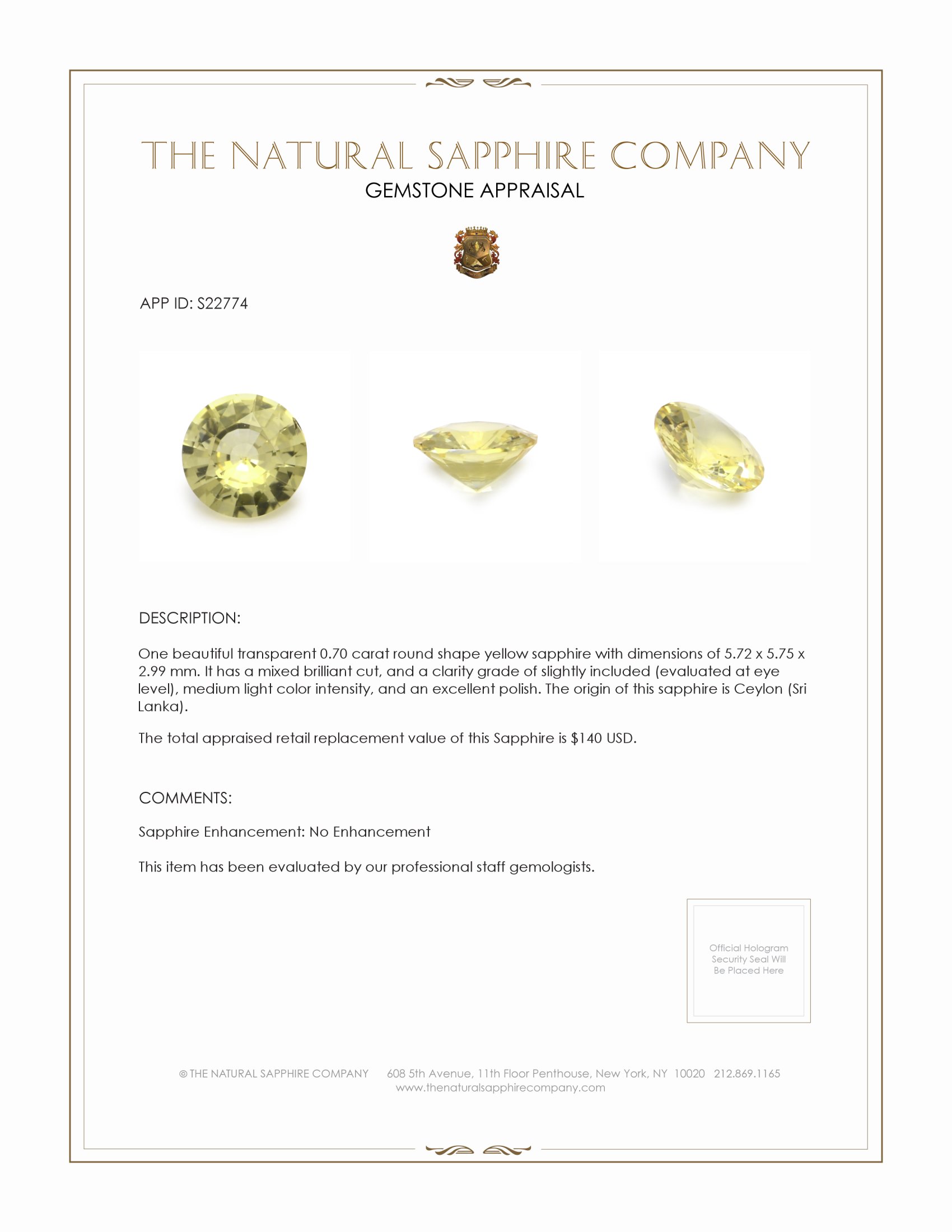 0.70 Ct. Yellow Sapphire from Ceylon (Sri Lanka)