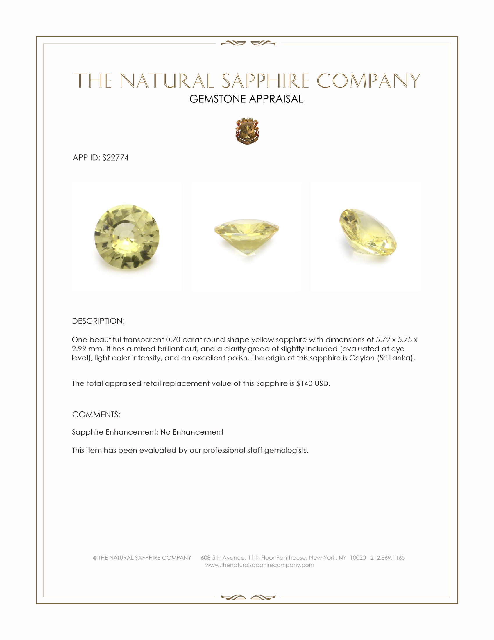 0.70 Ct. Yellow Sapphire from Ceylon (Sri Lanka)