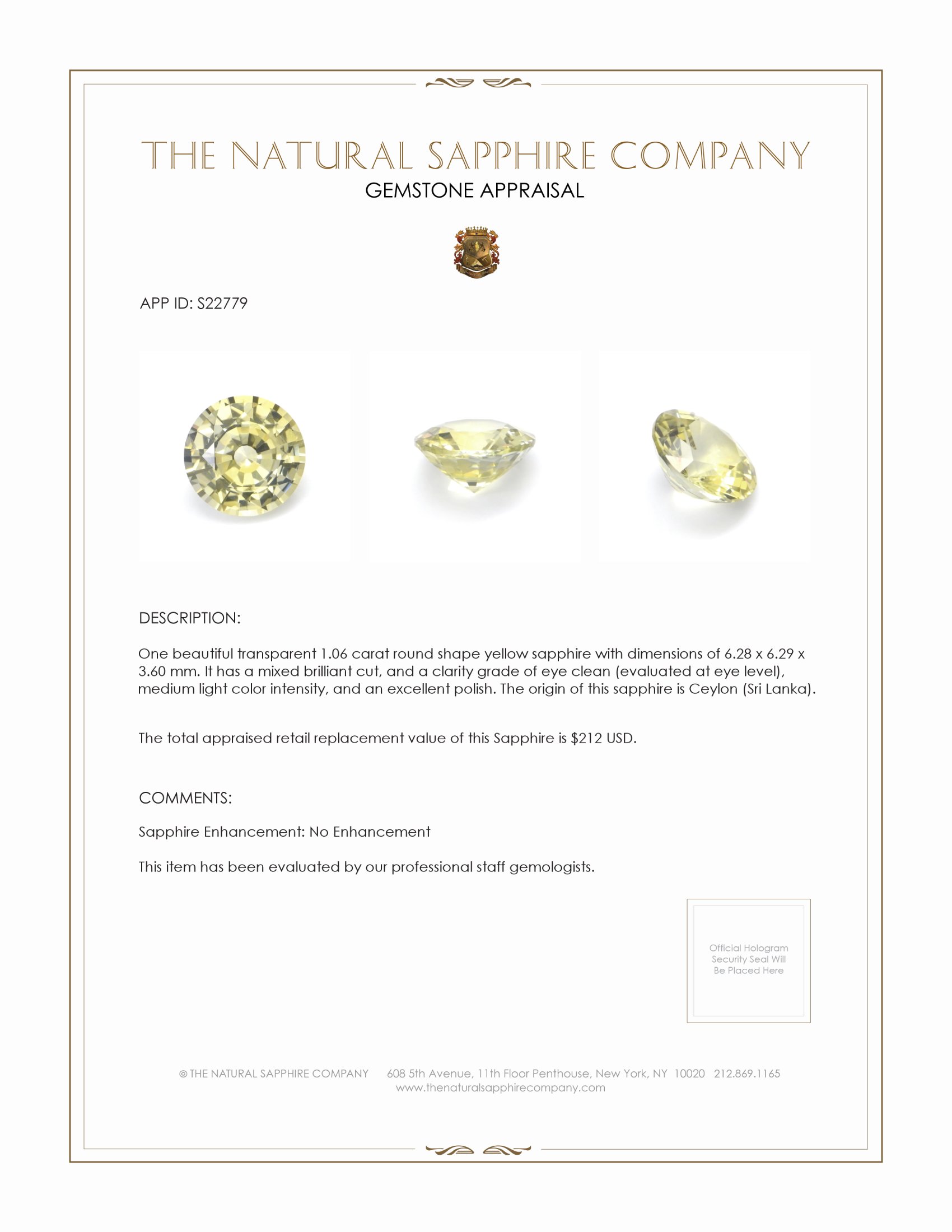 1.06 Ct. Yellow Sapphire from Ceylon (Sri Lanka)