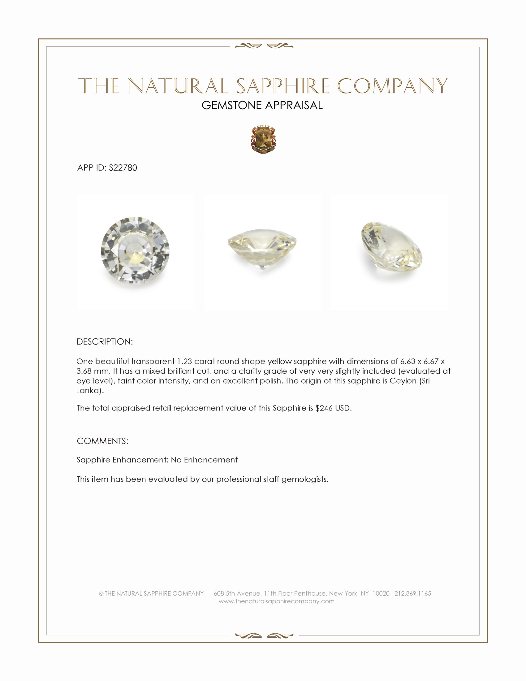 1.23 Ct. Yellow Sapphire from Ceylon (Sri Lanka)