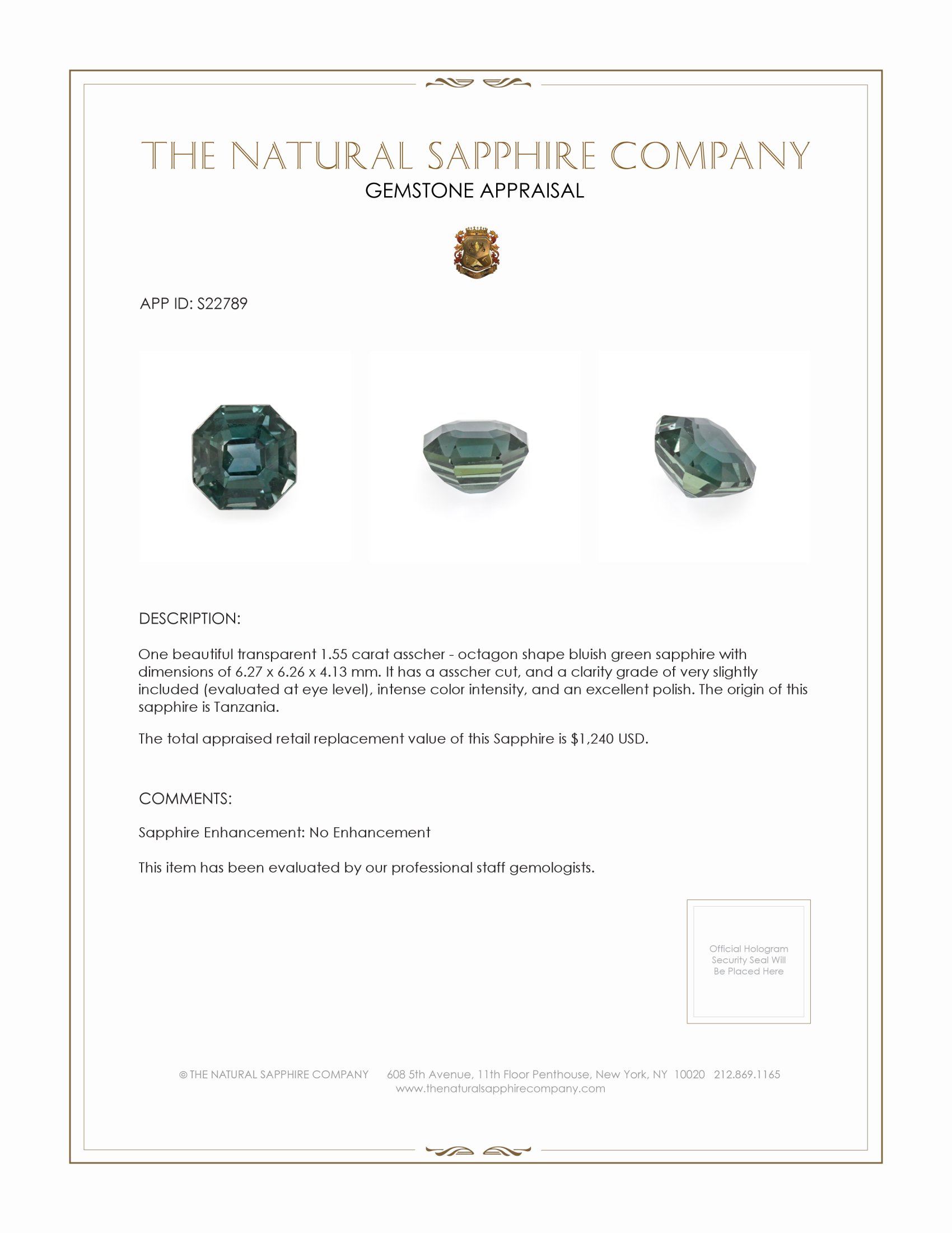 1.55 Ct. Bluish Green Sapphire from Tanzania