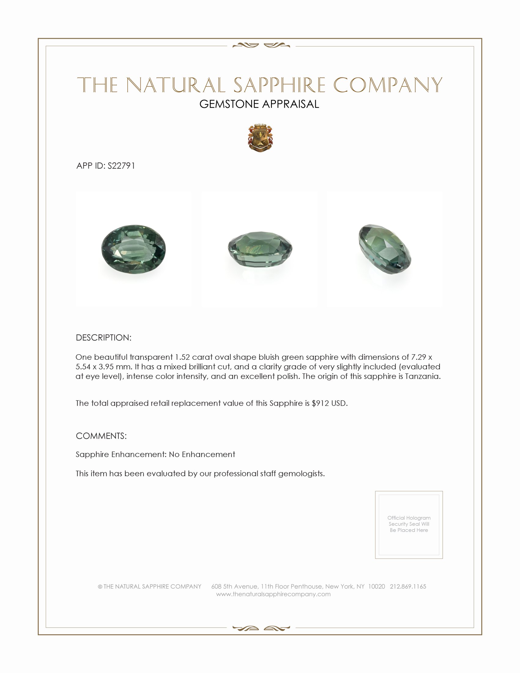 1.52 Ct. Bluish Green Sapphire from Tanzania