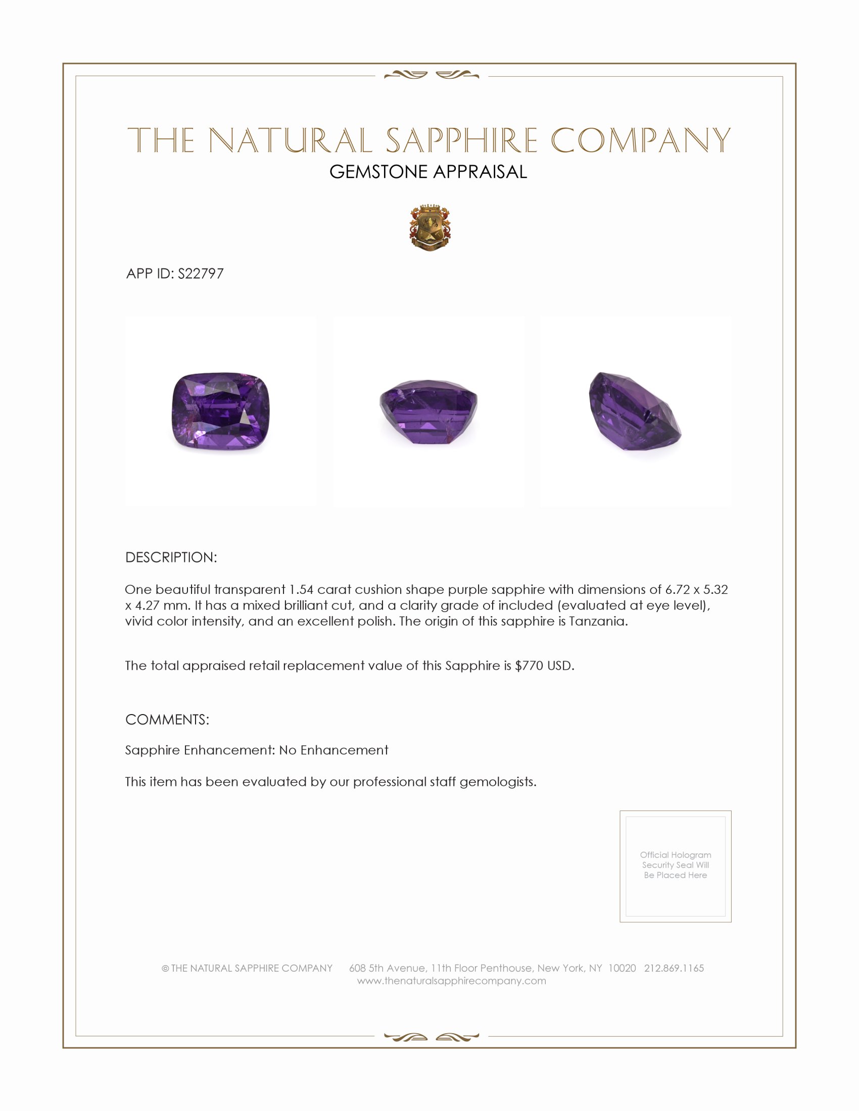 1.54 Ct. Purple Sapphire from Tanzania