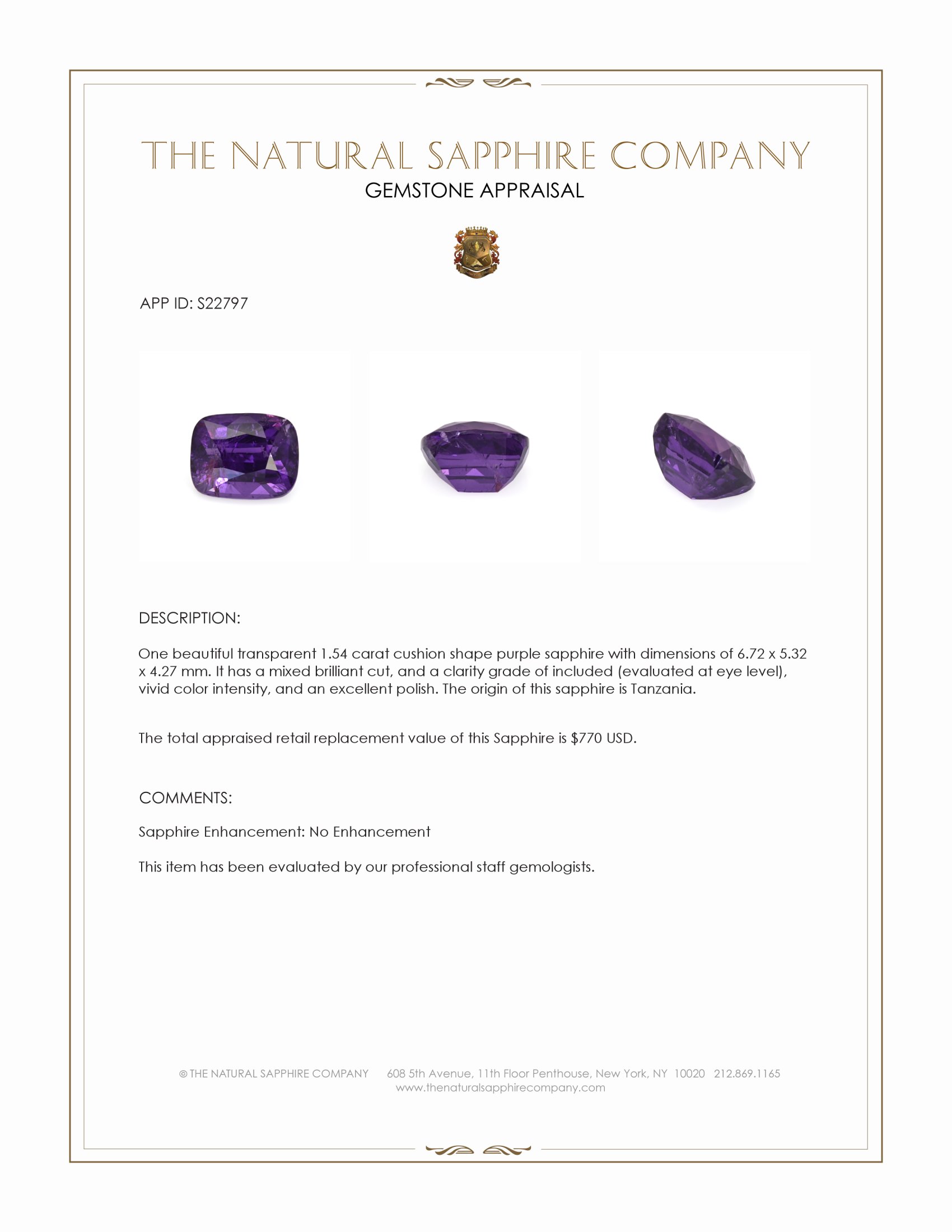 1.54 Ct. Purple Sapphire from Tanzania