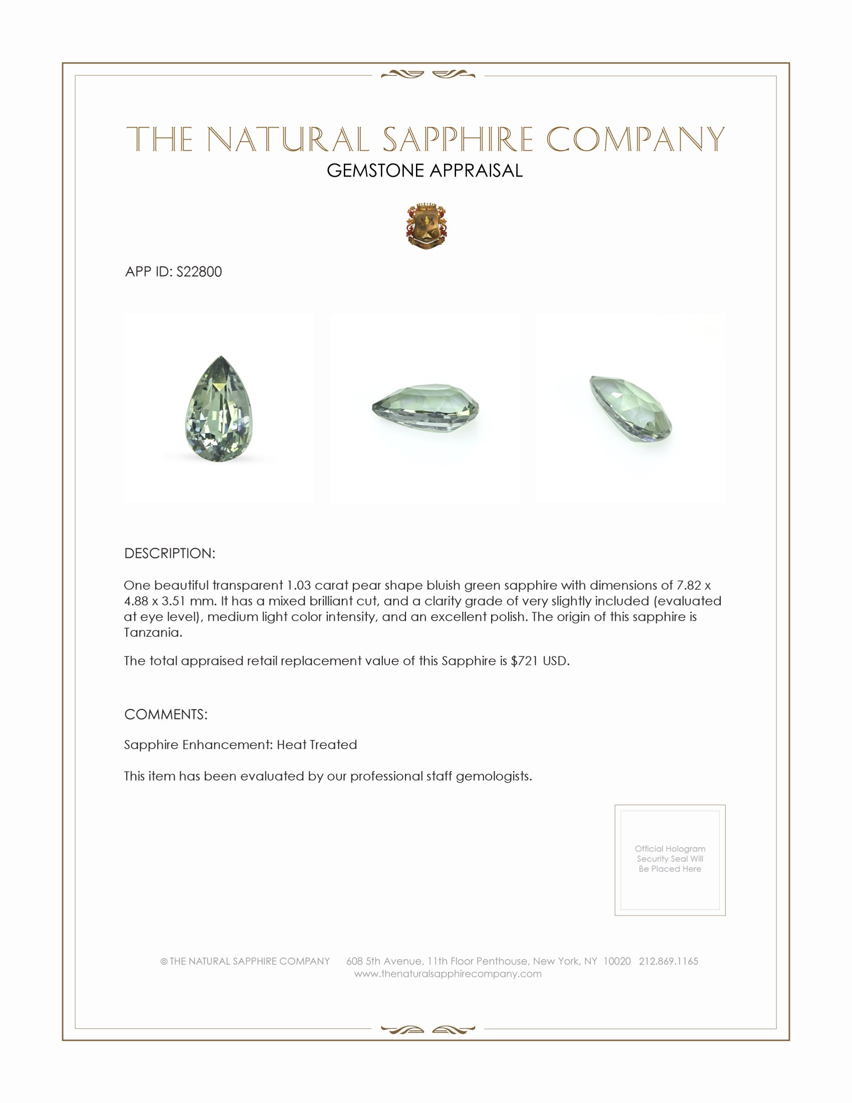 1.03 Ct. Bluish Green Sapphire from Tanzania