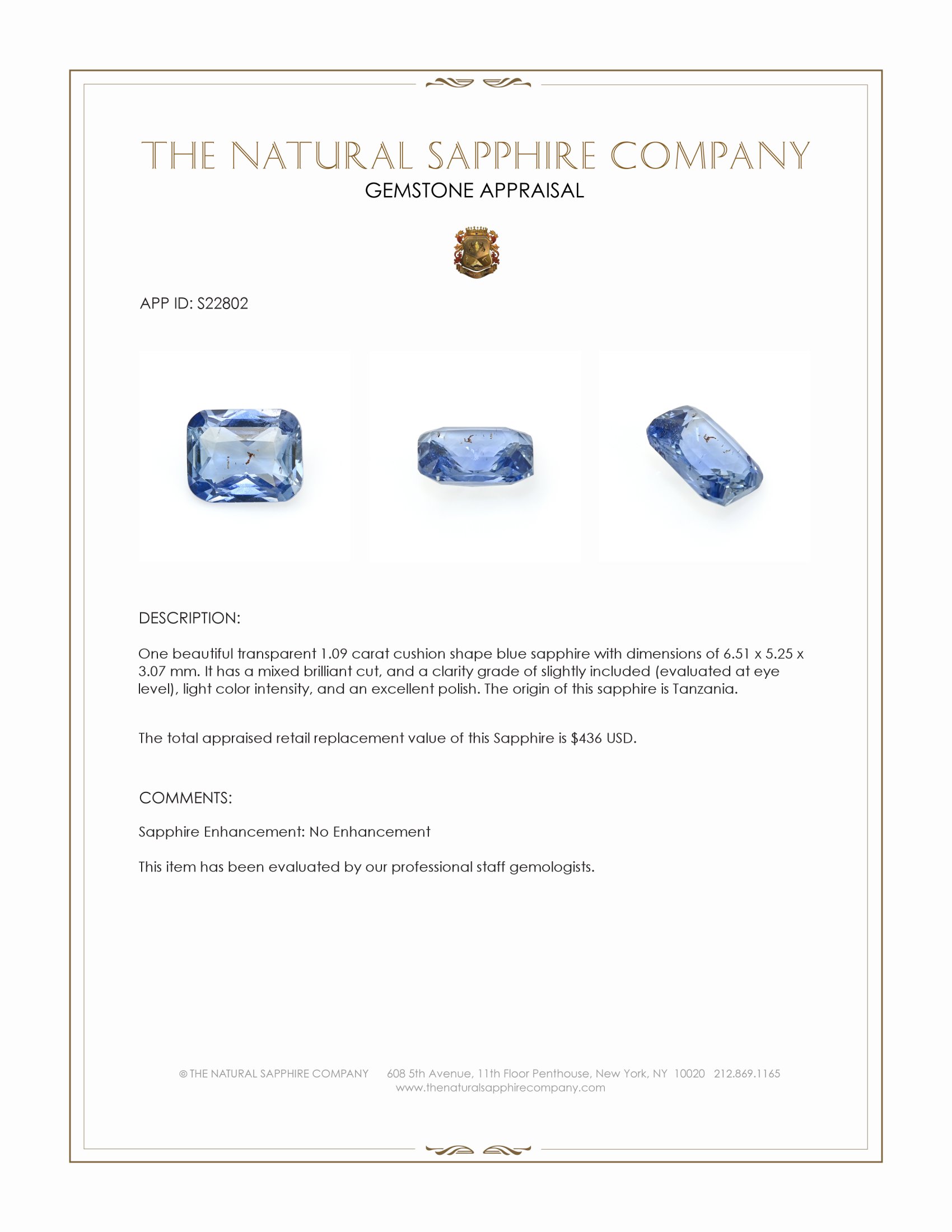 1.09 Ct. Blue Sapphire from Tanzania