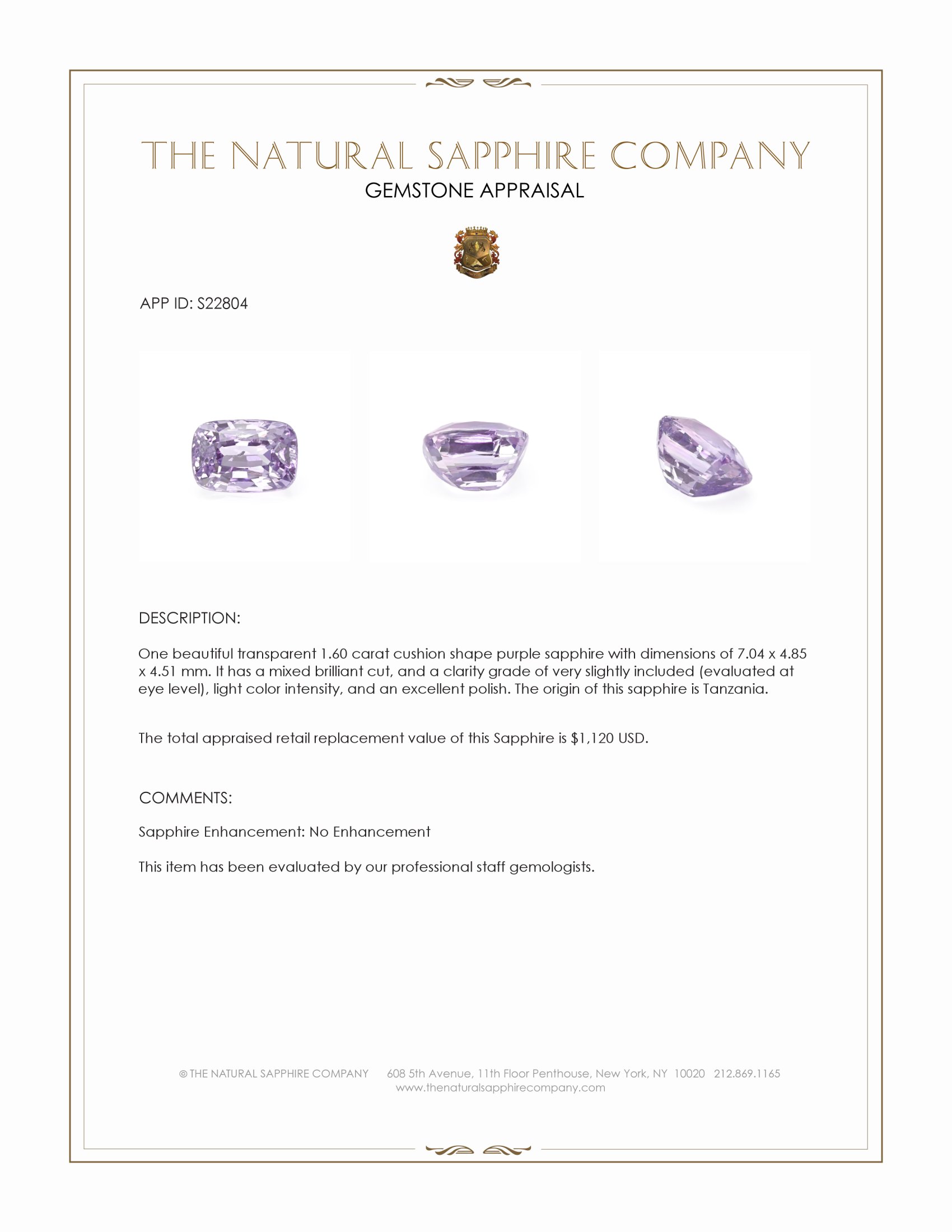 1.60 Ct. Purple Sapphire from Tanzania