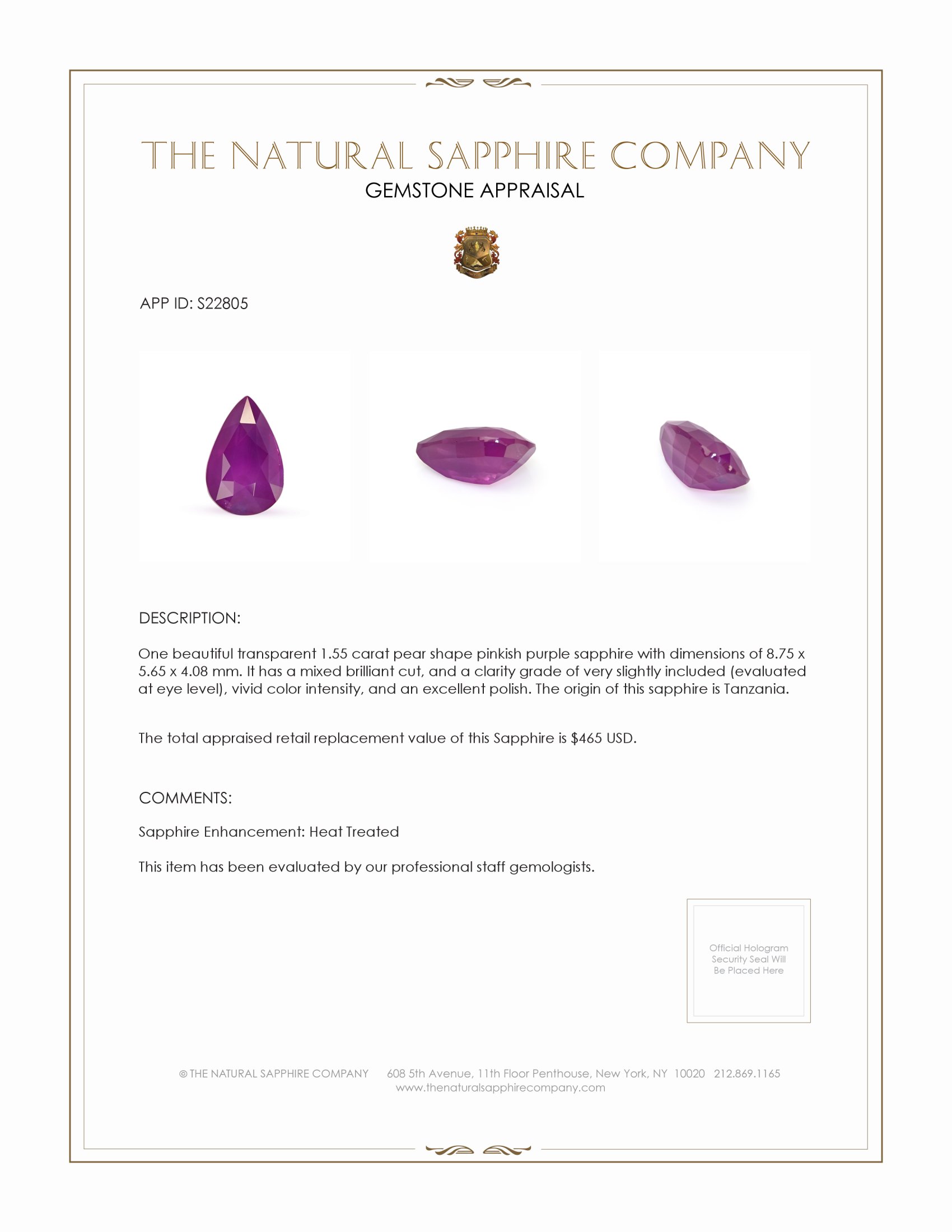 1.55 Ct. Pinkish Purple Sapphire from Tanzania