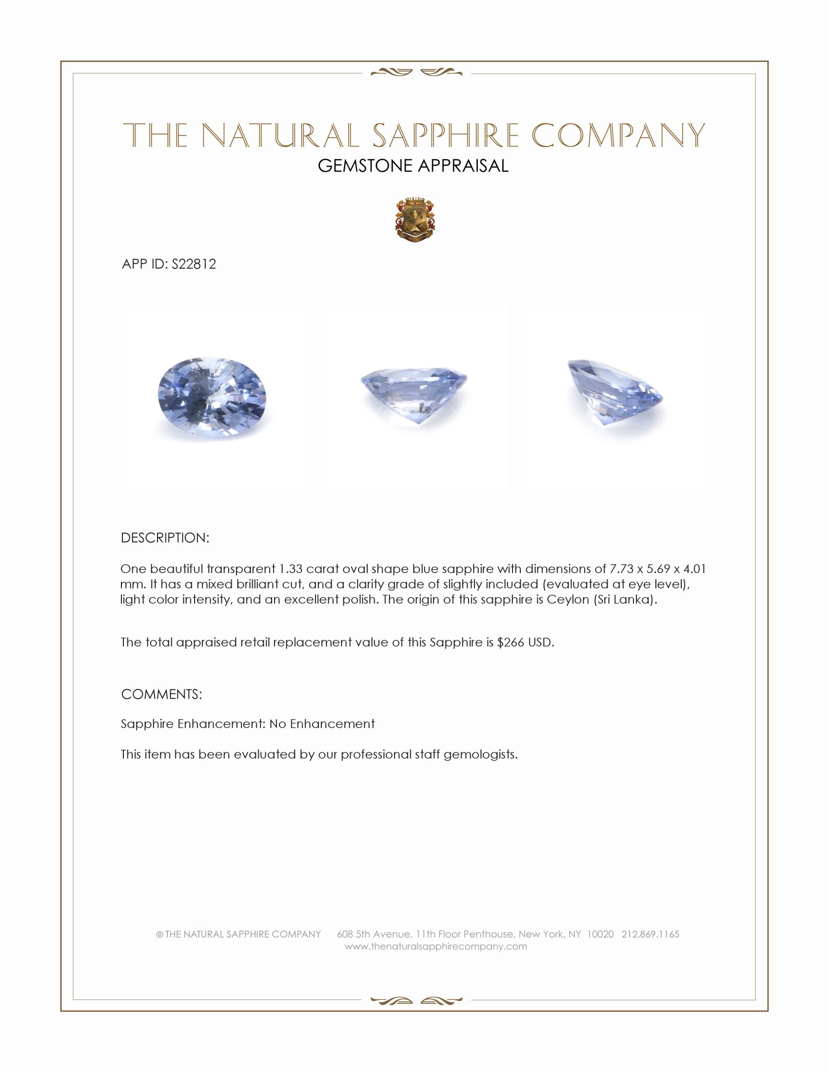 1.33 Ct. Blue Sapphire from Ceylon (Sri Lanka)