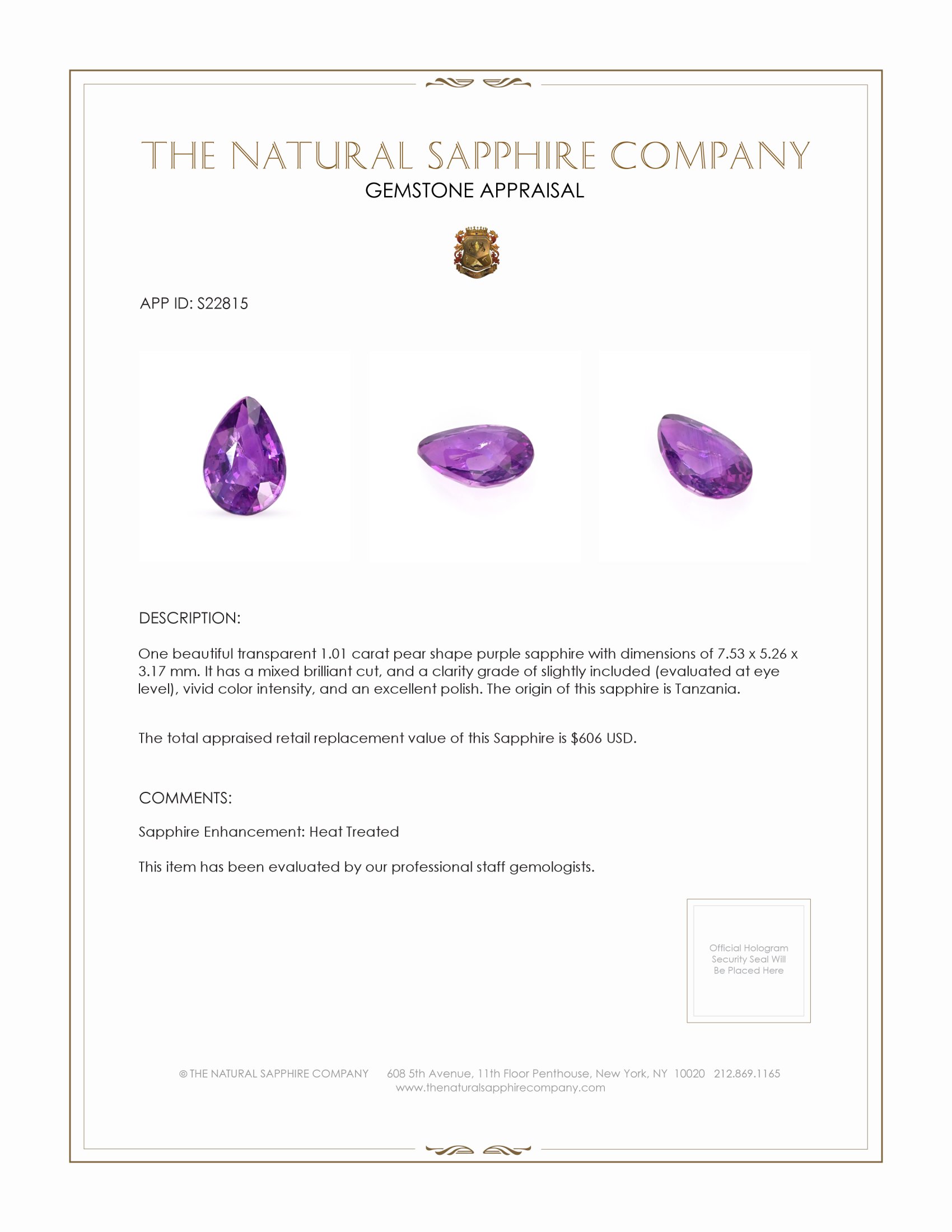1.01 Ct. Purple Sapphire from Tanzania
