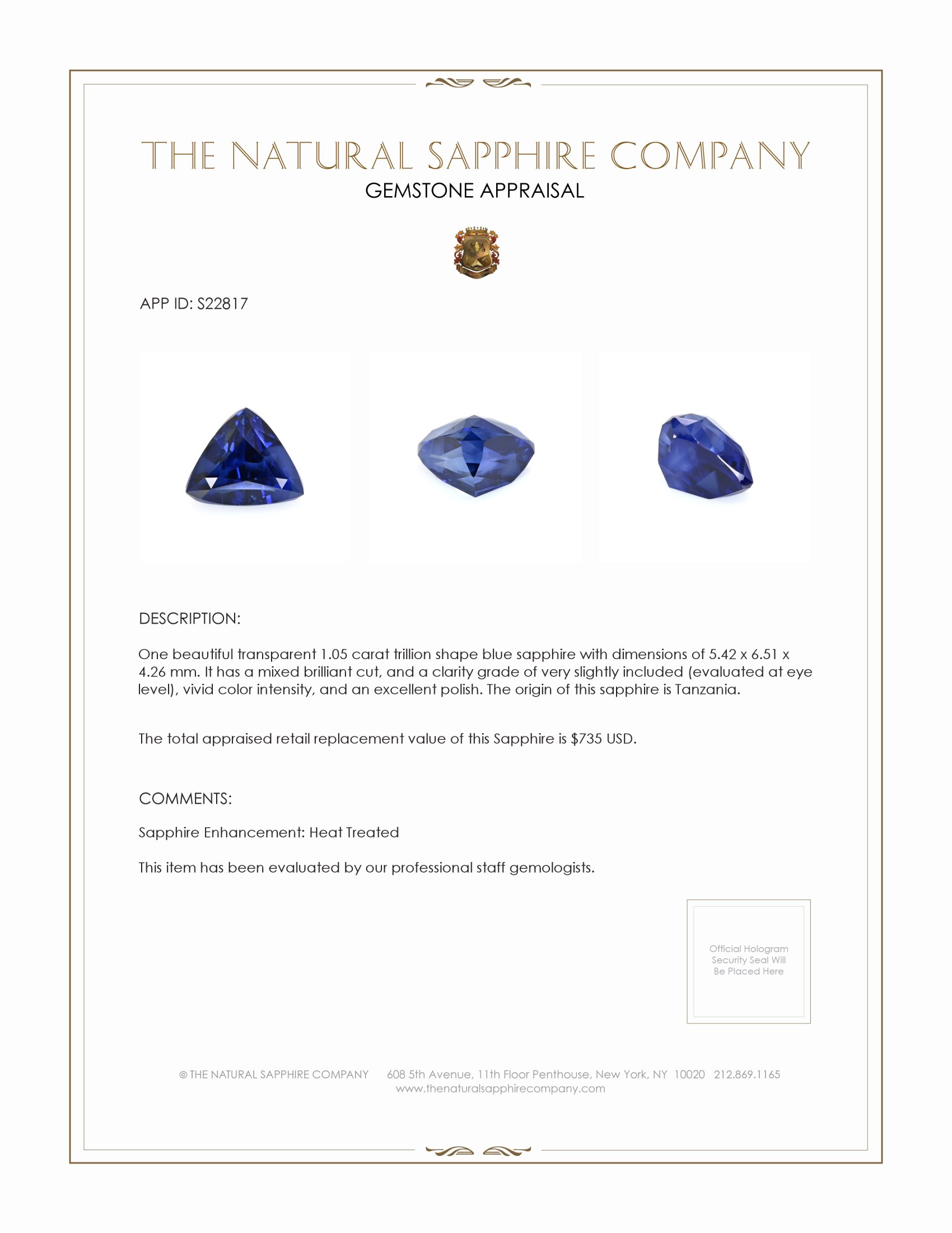 1.05 Ct. Blue Sapphire from Tanzania