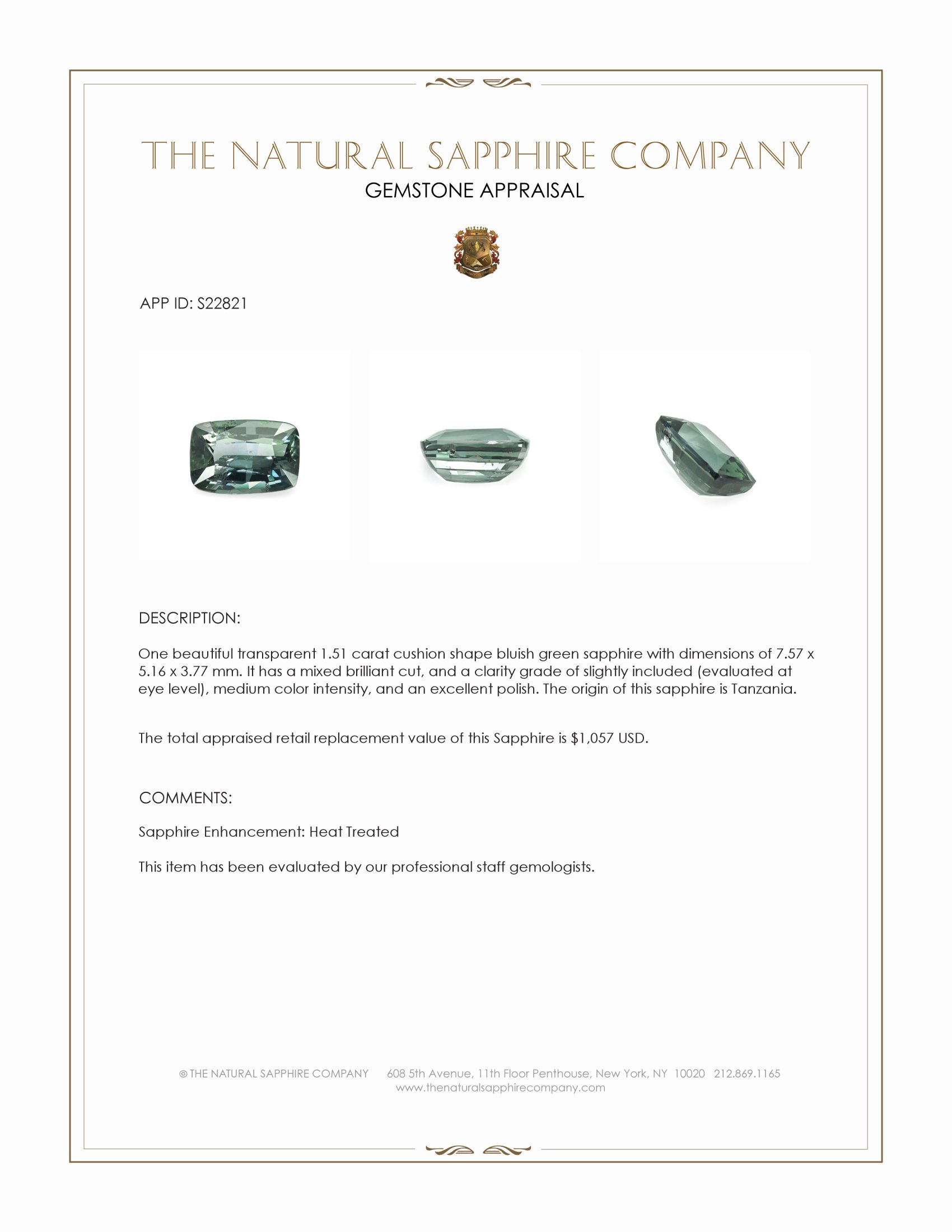 1.51 Ct. Bluish Green Sapphire from Tanzania