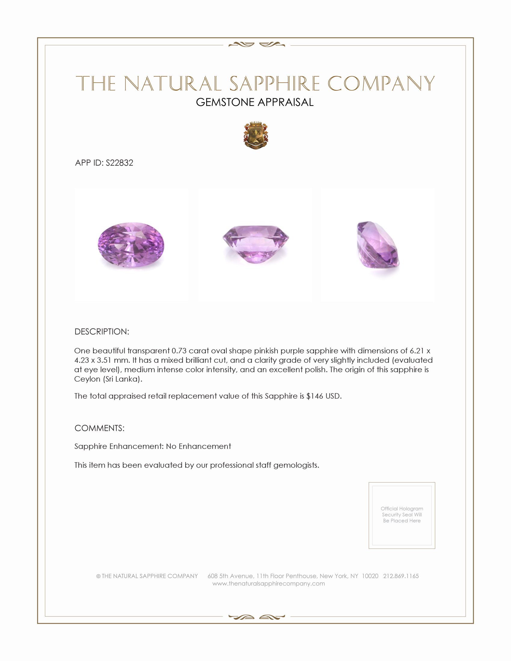 0.73 Ct. Pinkish Purple Sapphire from Ceylon (Sri Lanka)