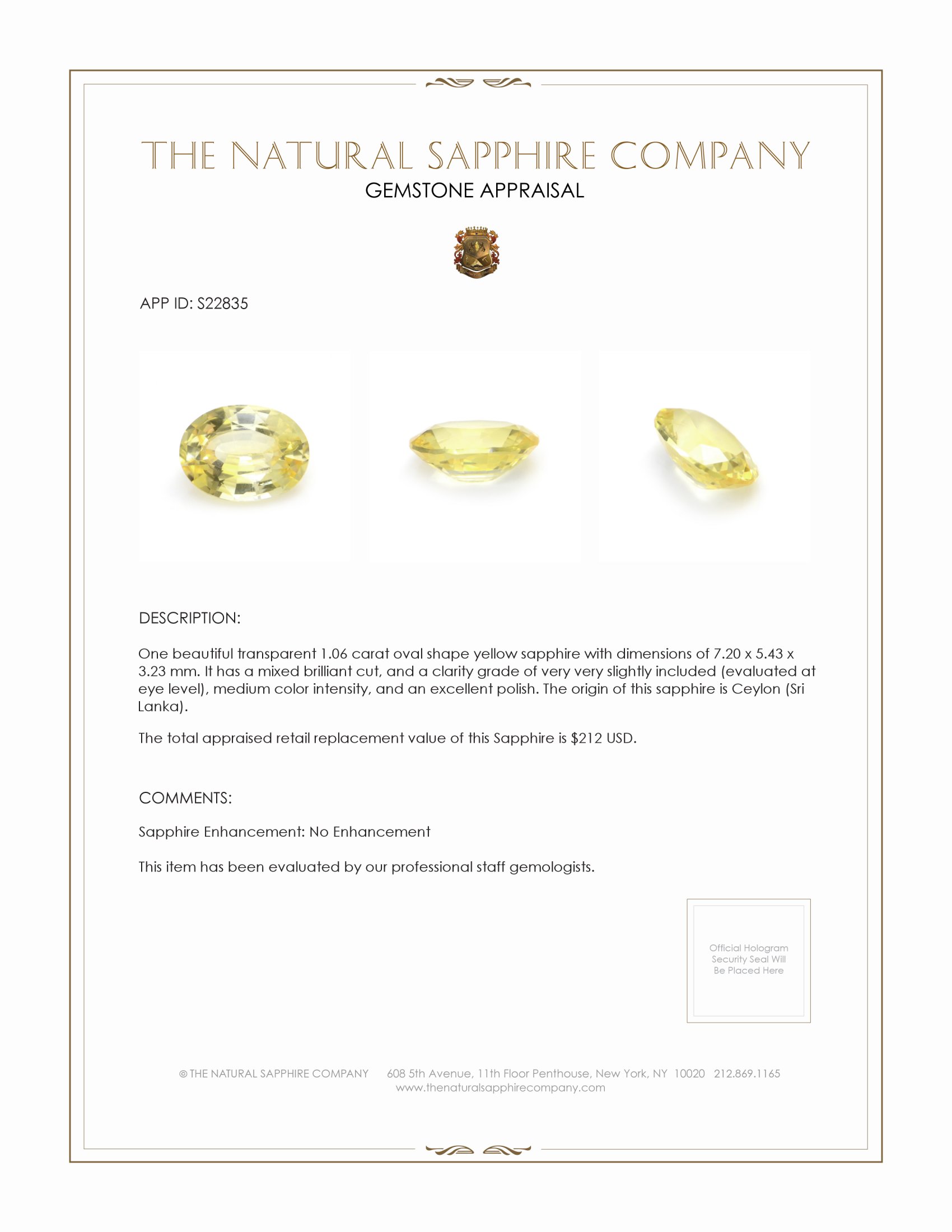 1.06 Ct. Yellow Sapphire from Ceylon (Sri Lanka)