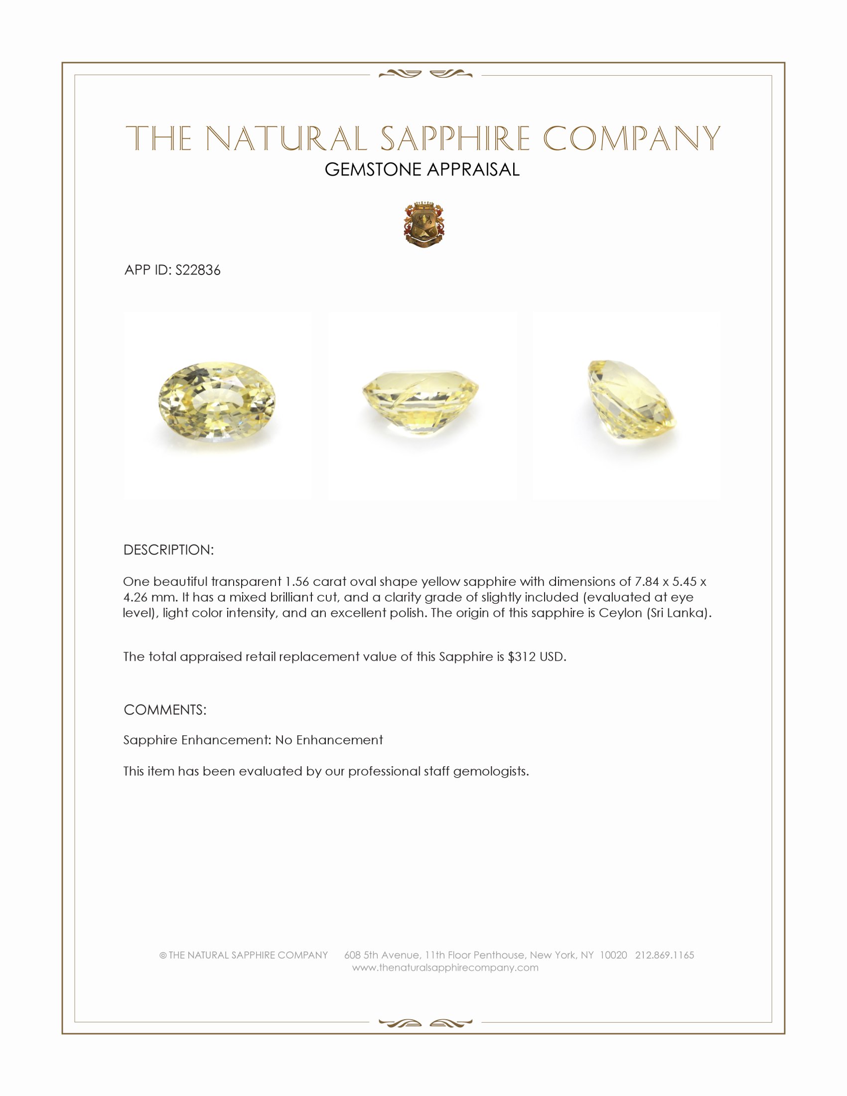 1.56 Ct. Yellow Sapphire from Ceylon (Sri Lanka)