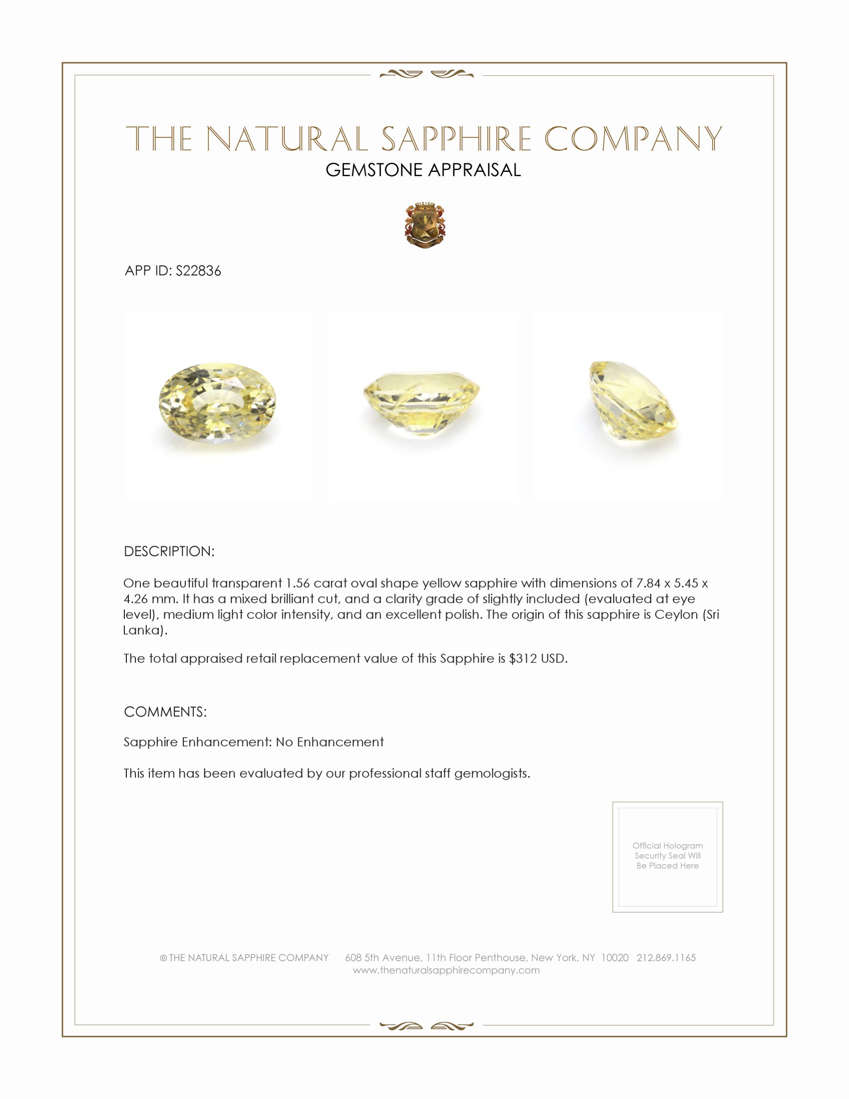 1.56 Ct. Yellow Sapphire from Ceylon (Sri Lanka)