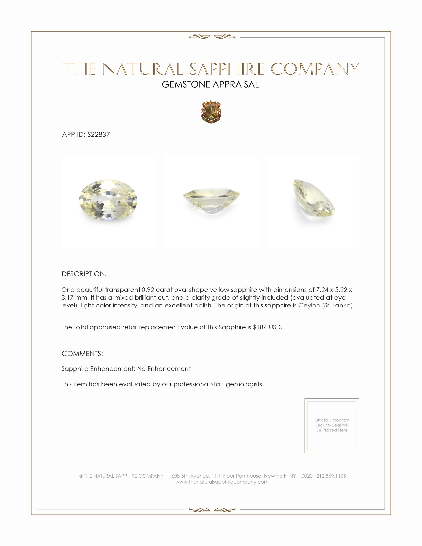 0.92 Ct. Yellow Sapphire from Ceylon (Sri Lanka)