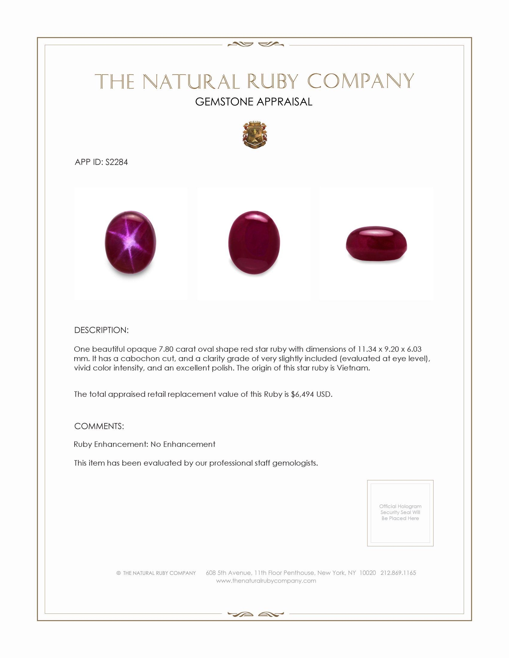 7.80 Ct. Star Ruby from Vietnam