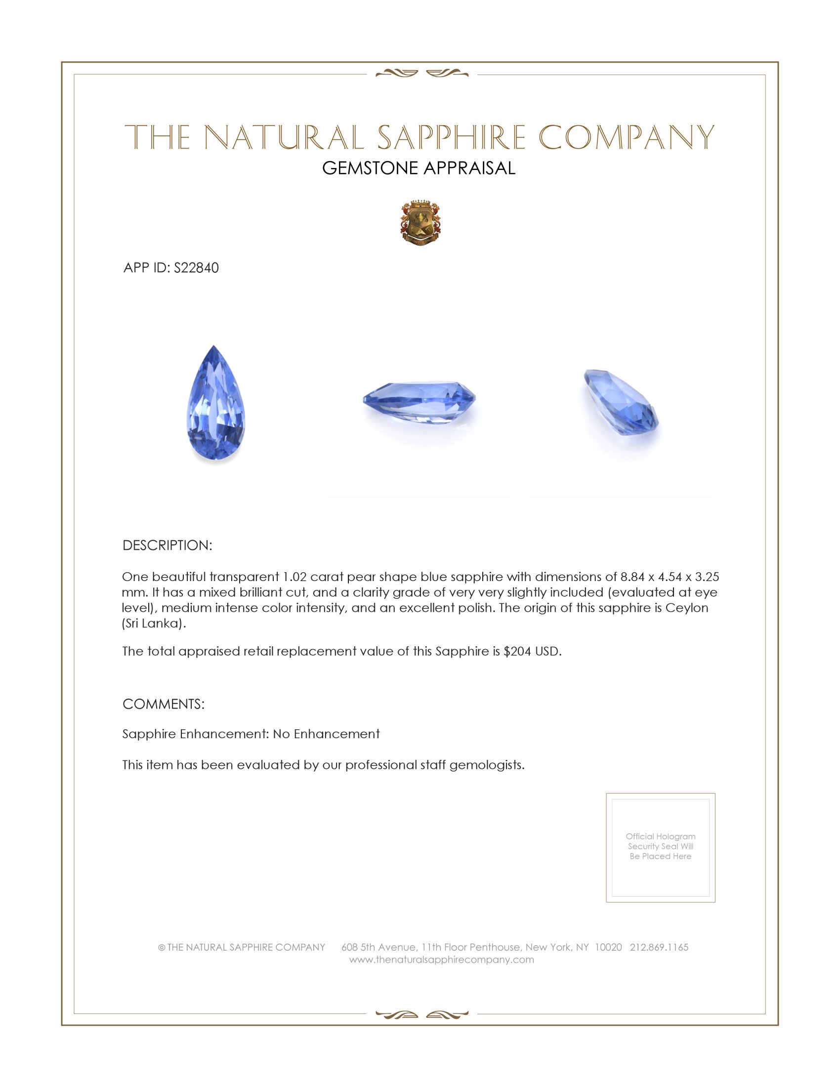 1.02 Ct. Blue Sapphire from Ceylon (Sri Lanka)