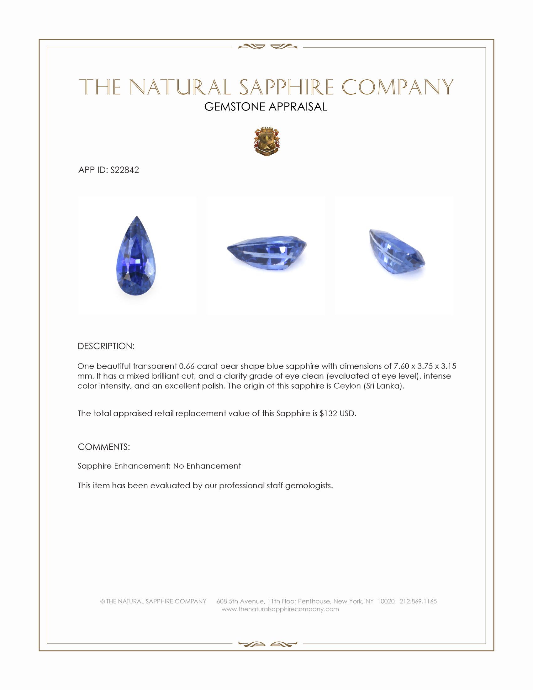 0.66 Ct. Blue Sapphire from Ceylon (Sri Lanka)