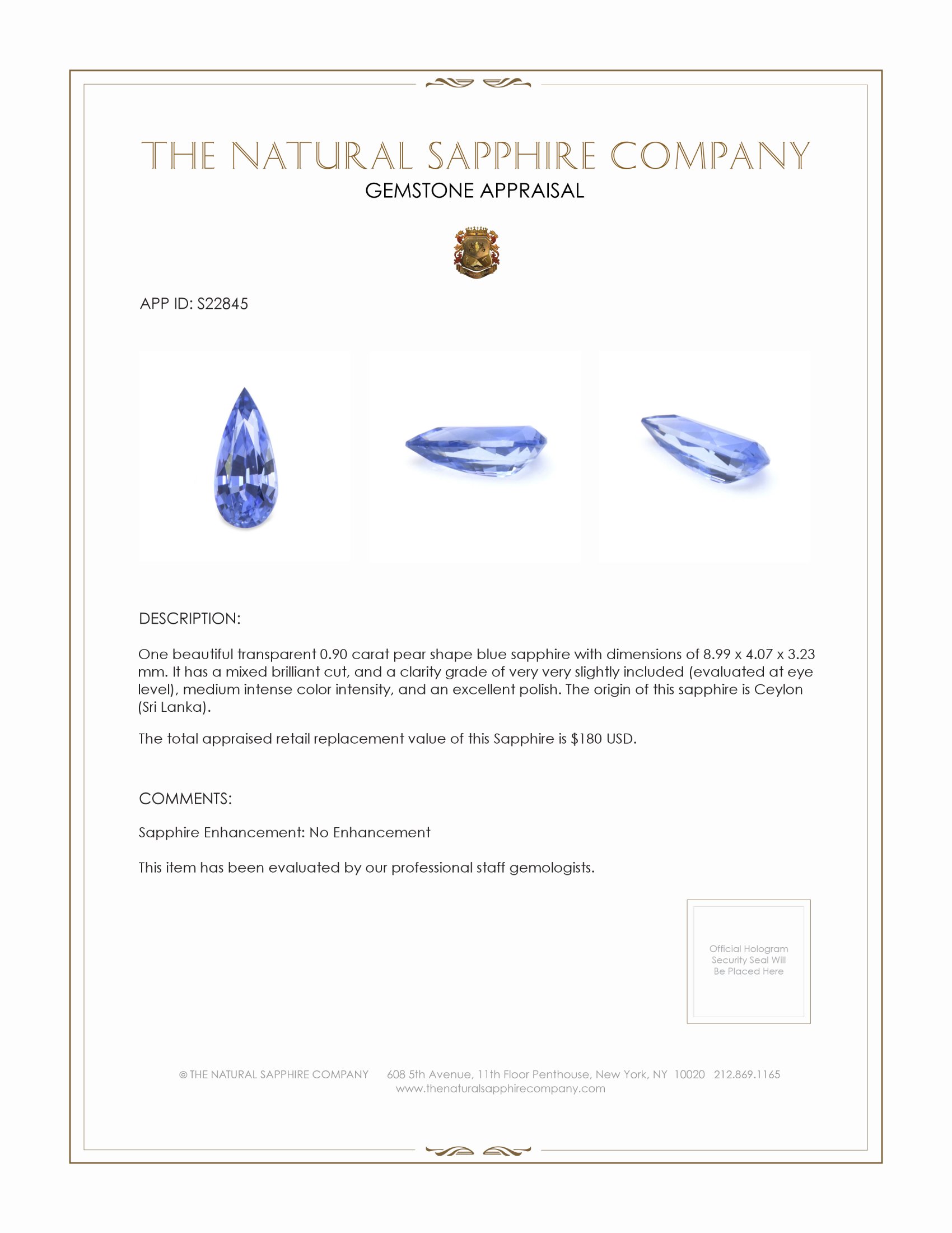 0.90 Ct. Blue Sapphire from Ceylon (Sri Lanka)