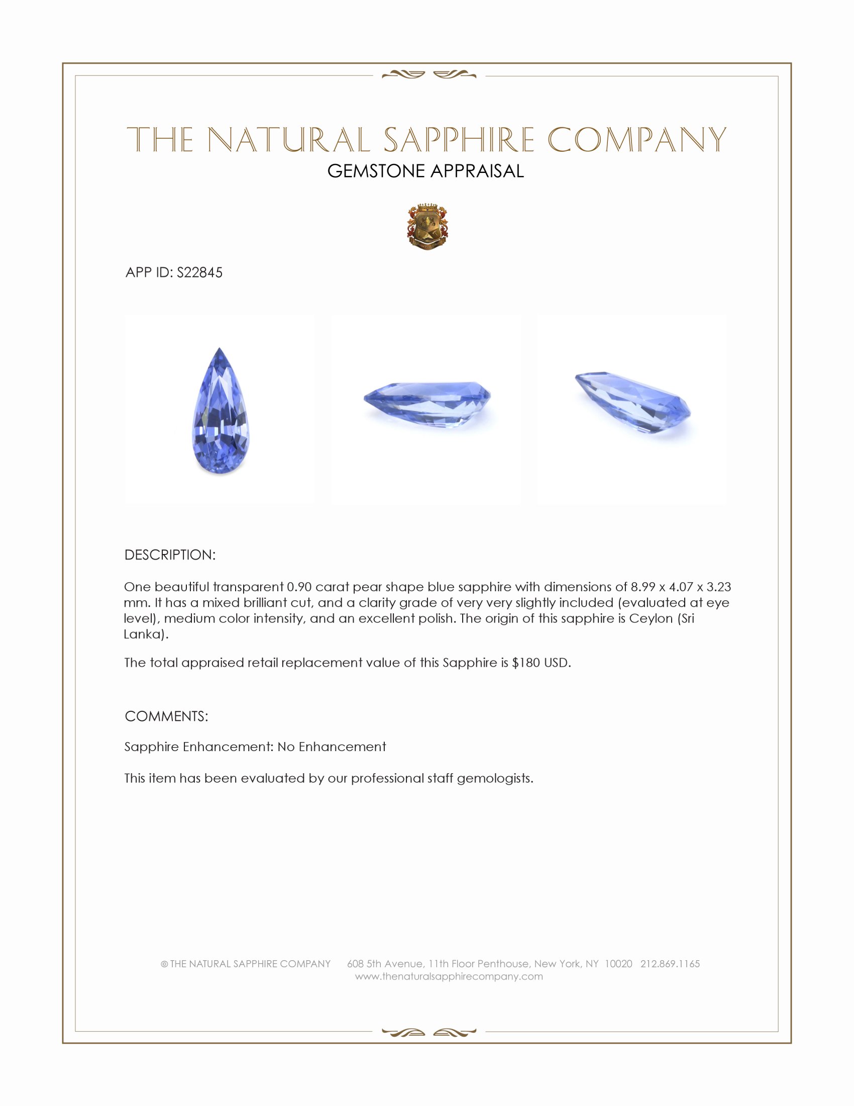 0.90 Ct. Blue Sapphire from Ceylon (Sri Lanka)