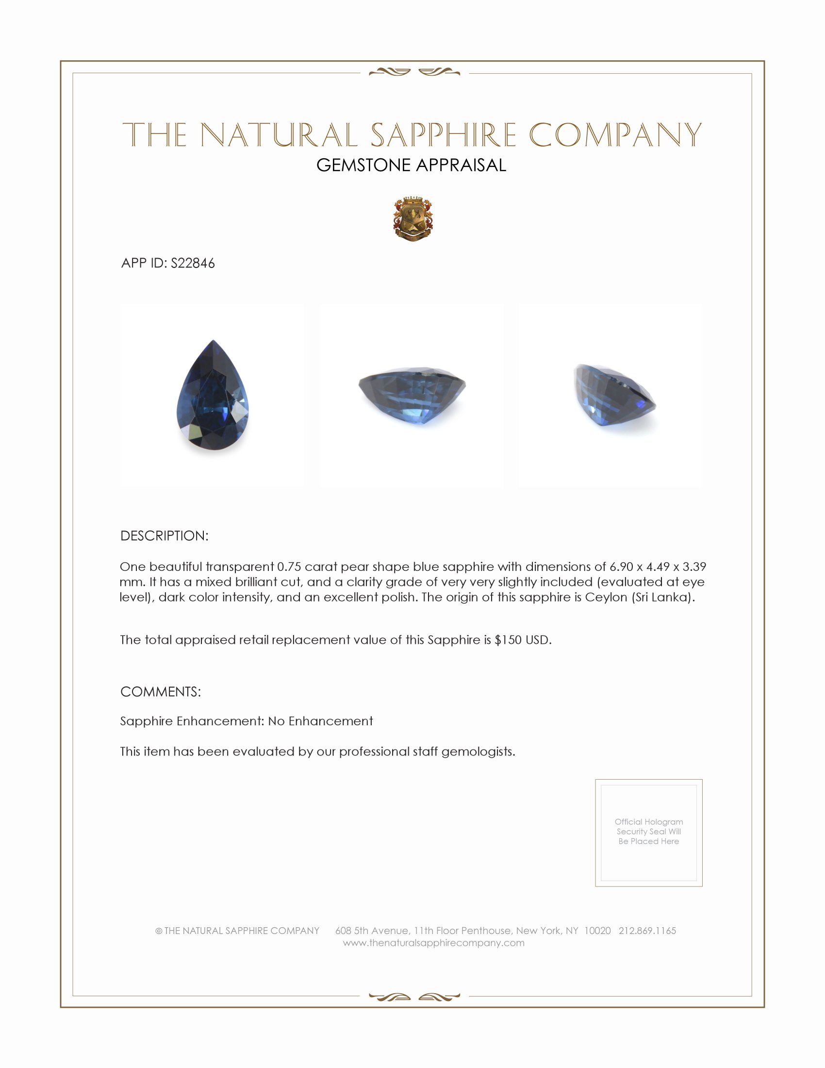 0.75 Ct. Blue Sapphire from Ceylon (Sri Lanka)