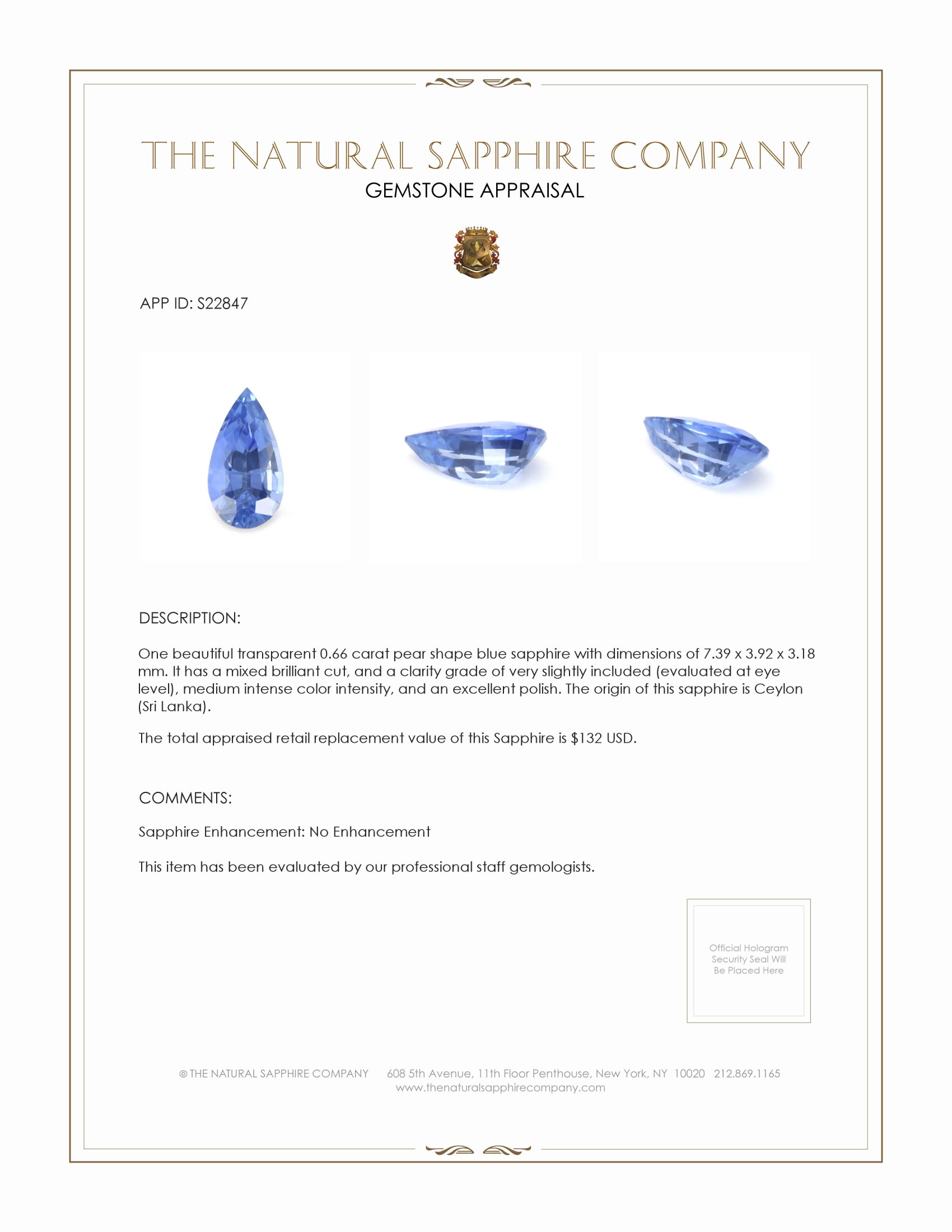 0.66 Ct. Blue Sapphire from Ceylon (Sri Lanka)