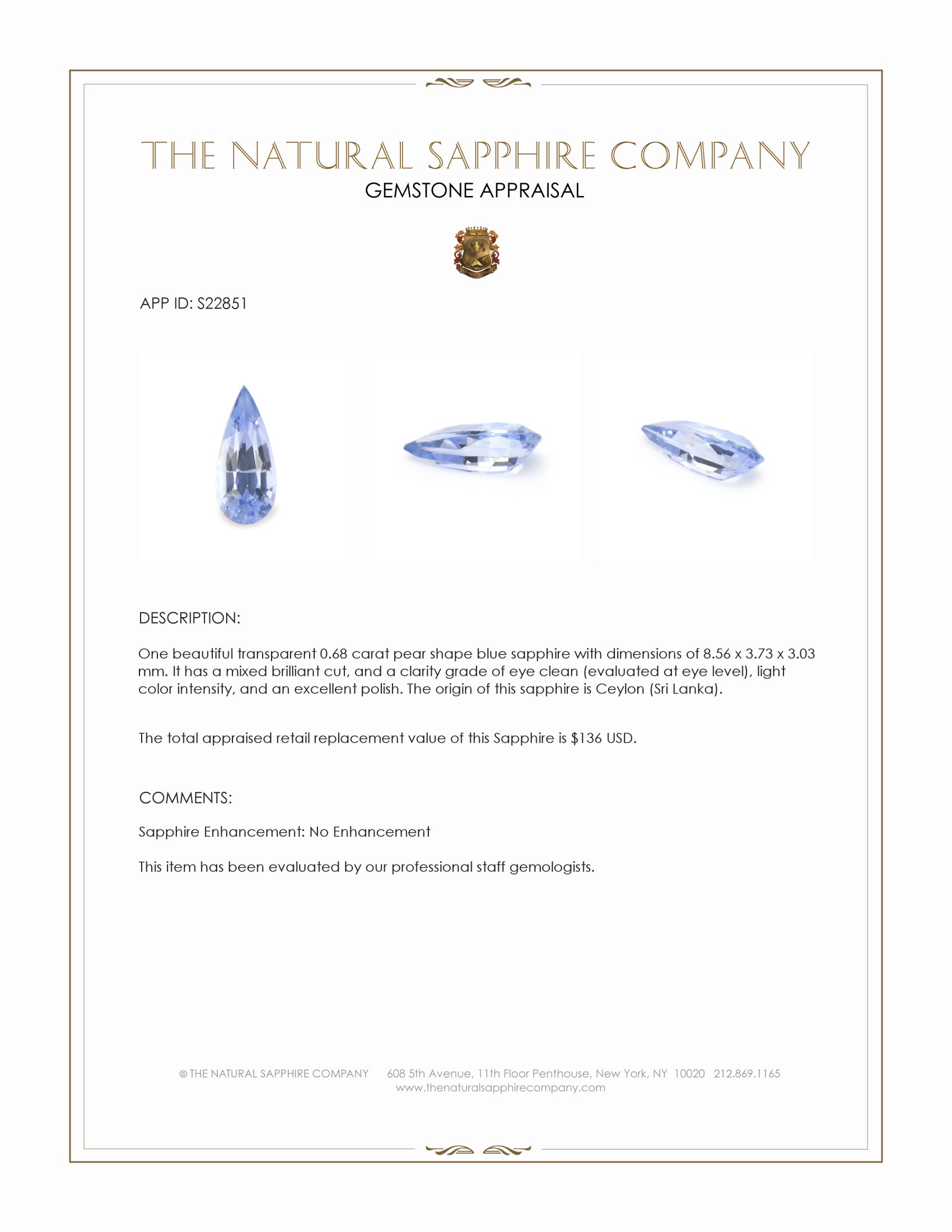 0.68 Ct. Blue Sapphire from Ceylon (Sri Lanka)