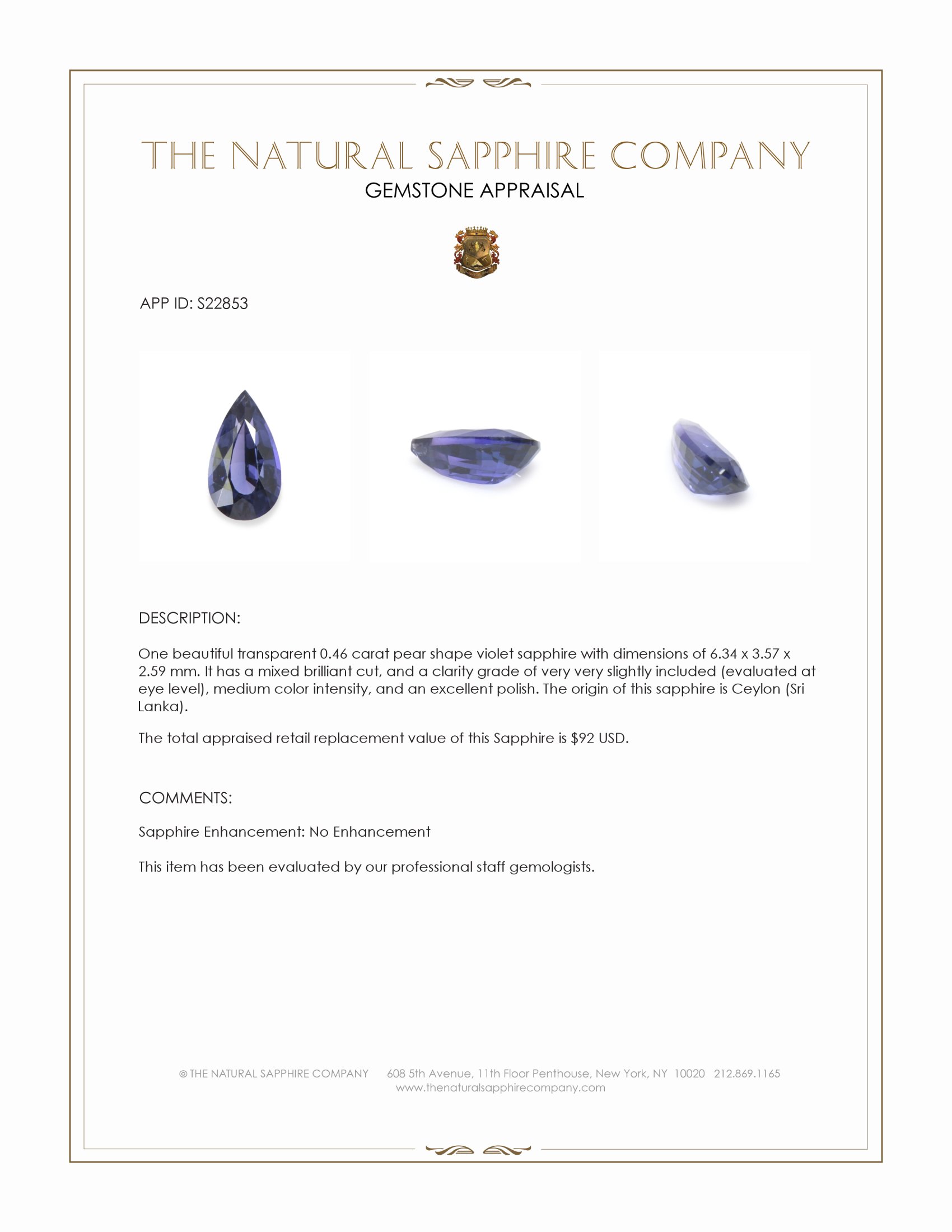 0.46 Ct. Violet Sapphire from Ceylon (Sri Lanka)