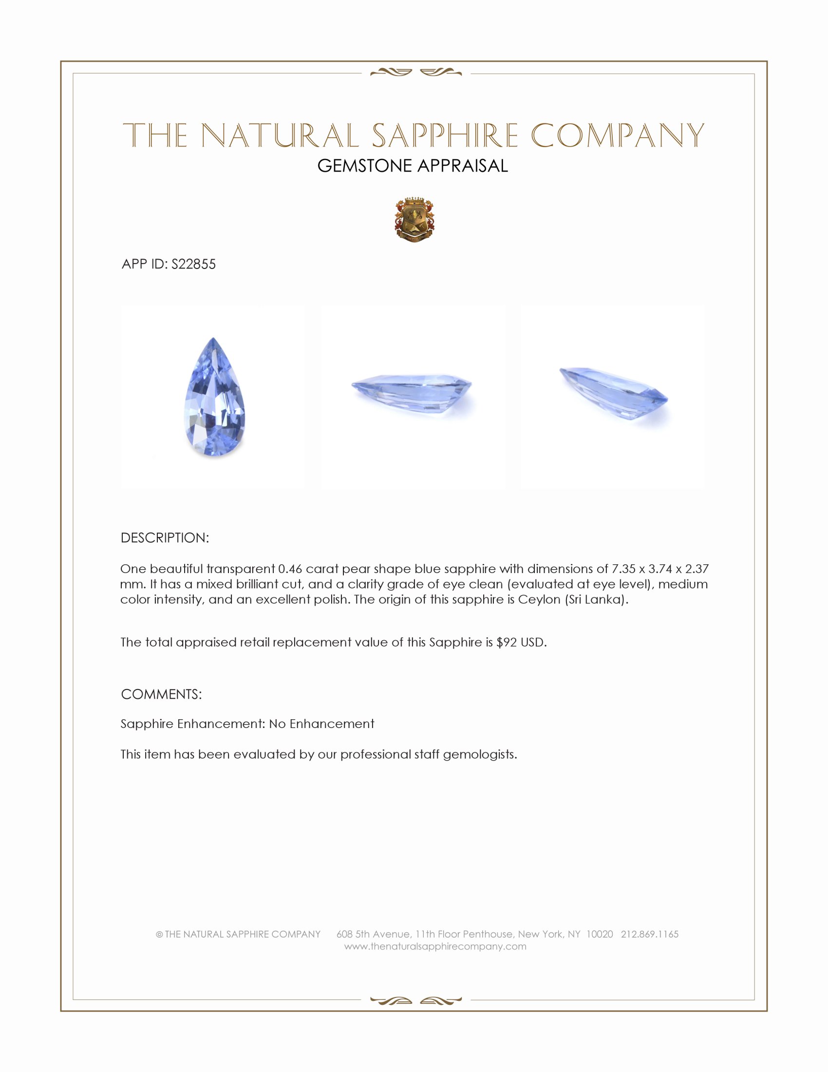 0.46 Ct. Blue Sapphire from Ceylon (Sri Lanka)