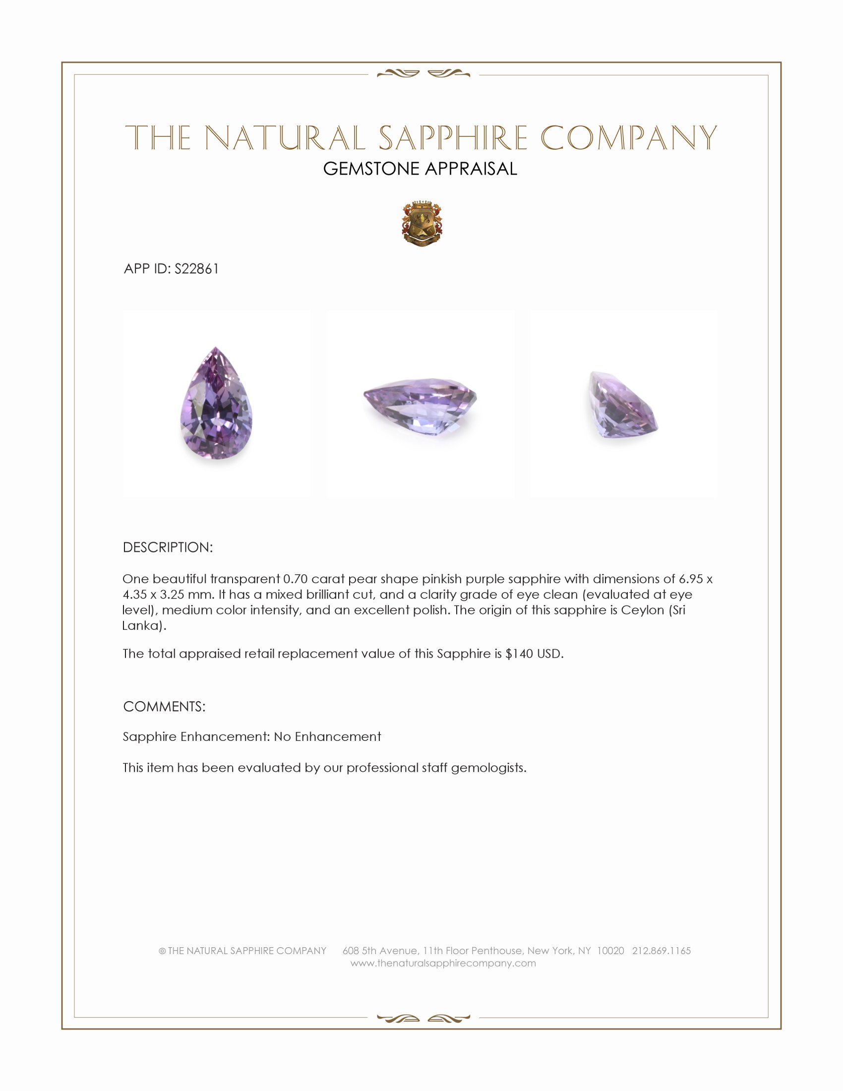 0.70 Ct. Pinkish Purple Sapphire from Ceylon (Sri Lanka)