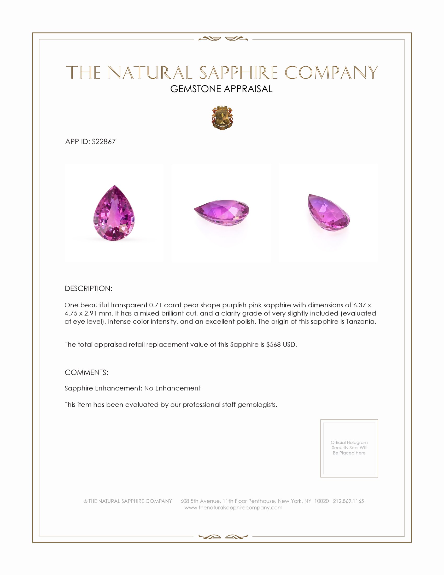 0.71 Ct. Purplish Pink Sapphire from Tanzania