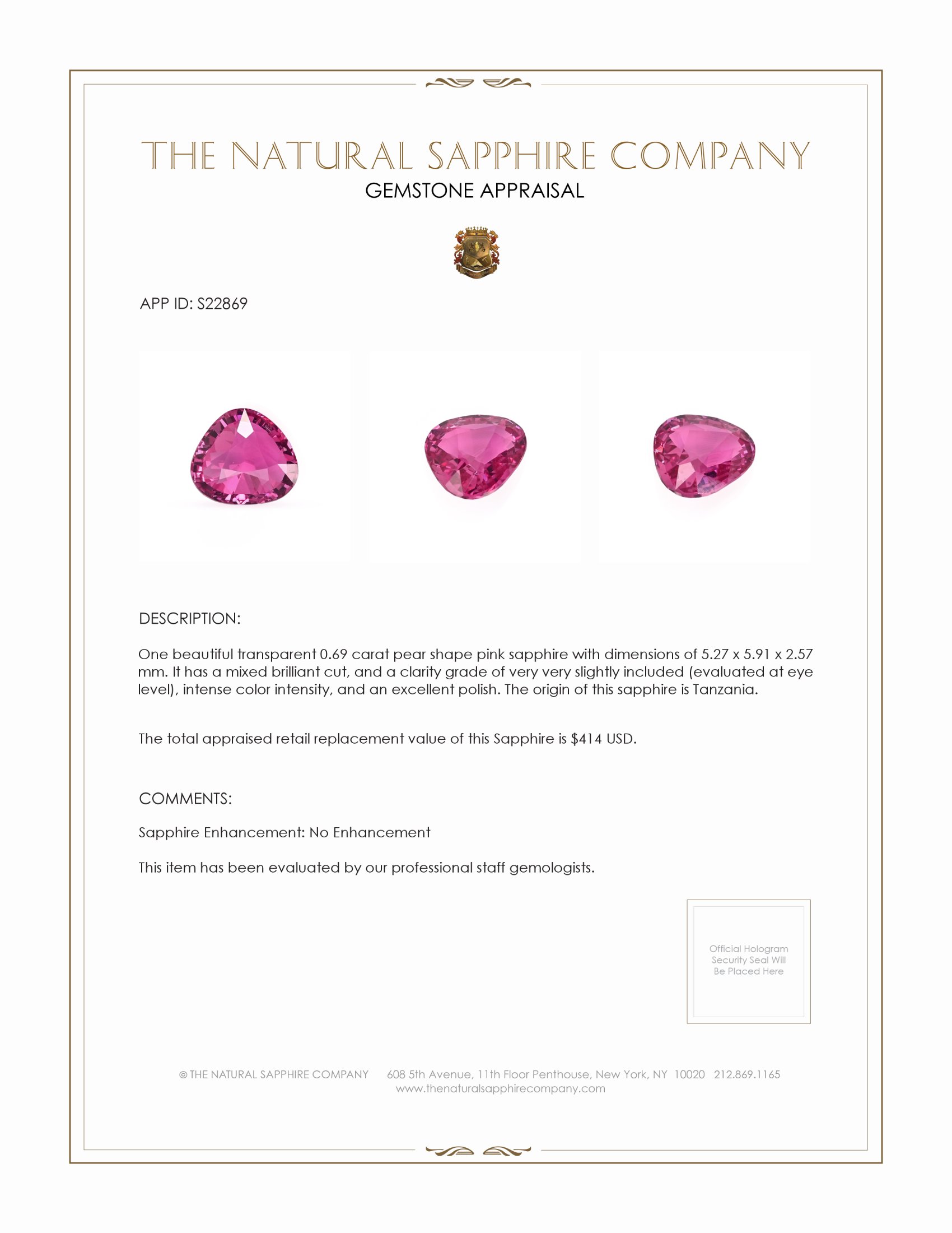 0.69 Ct. Pink Sapphire from Tanzania