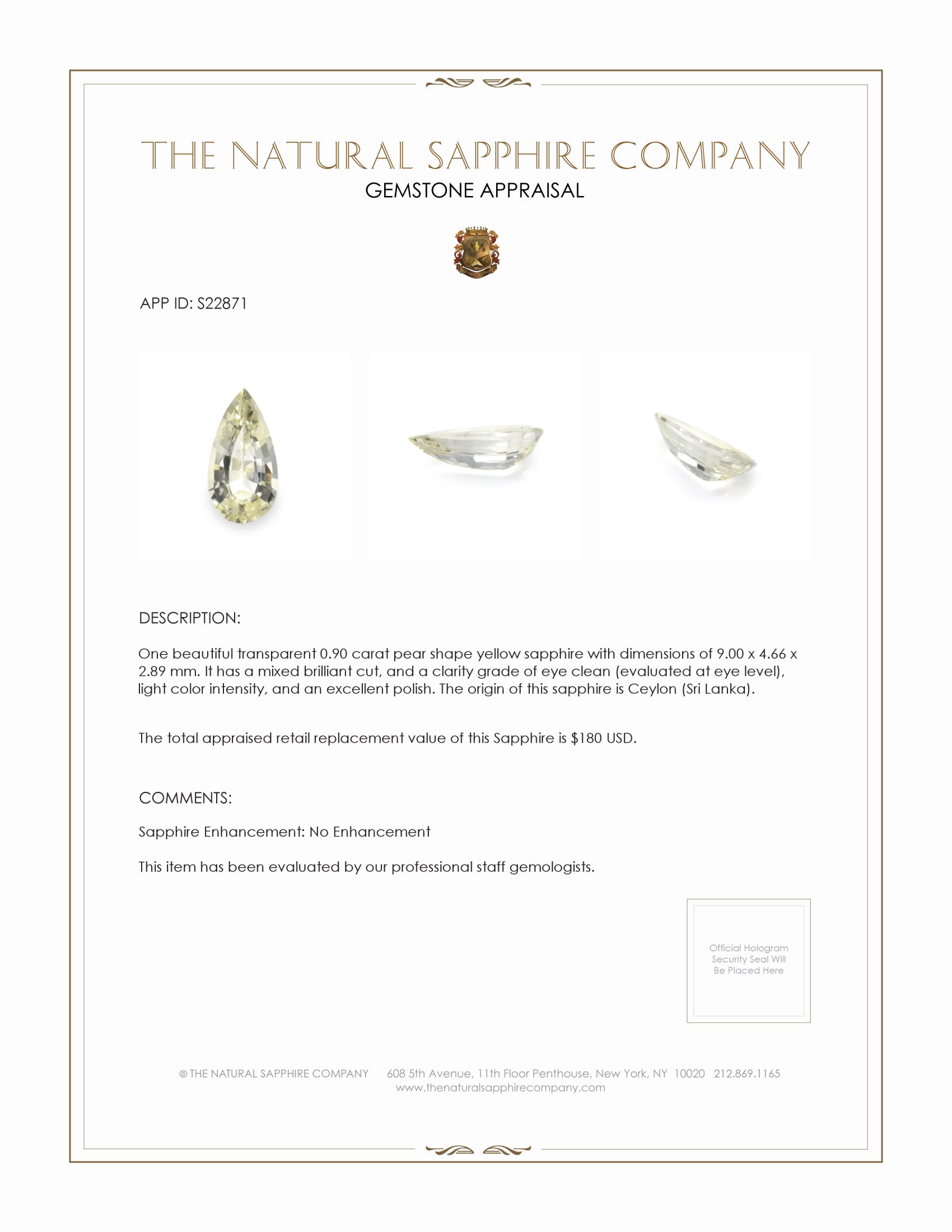 0.90 Ct. Yellow Sapphire from Ceylon (Sri Lanka)