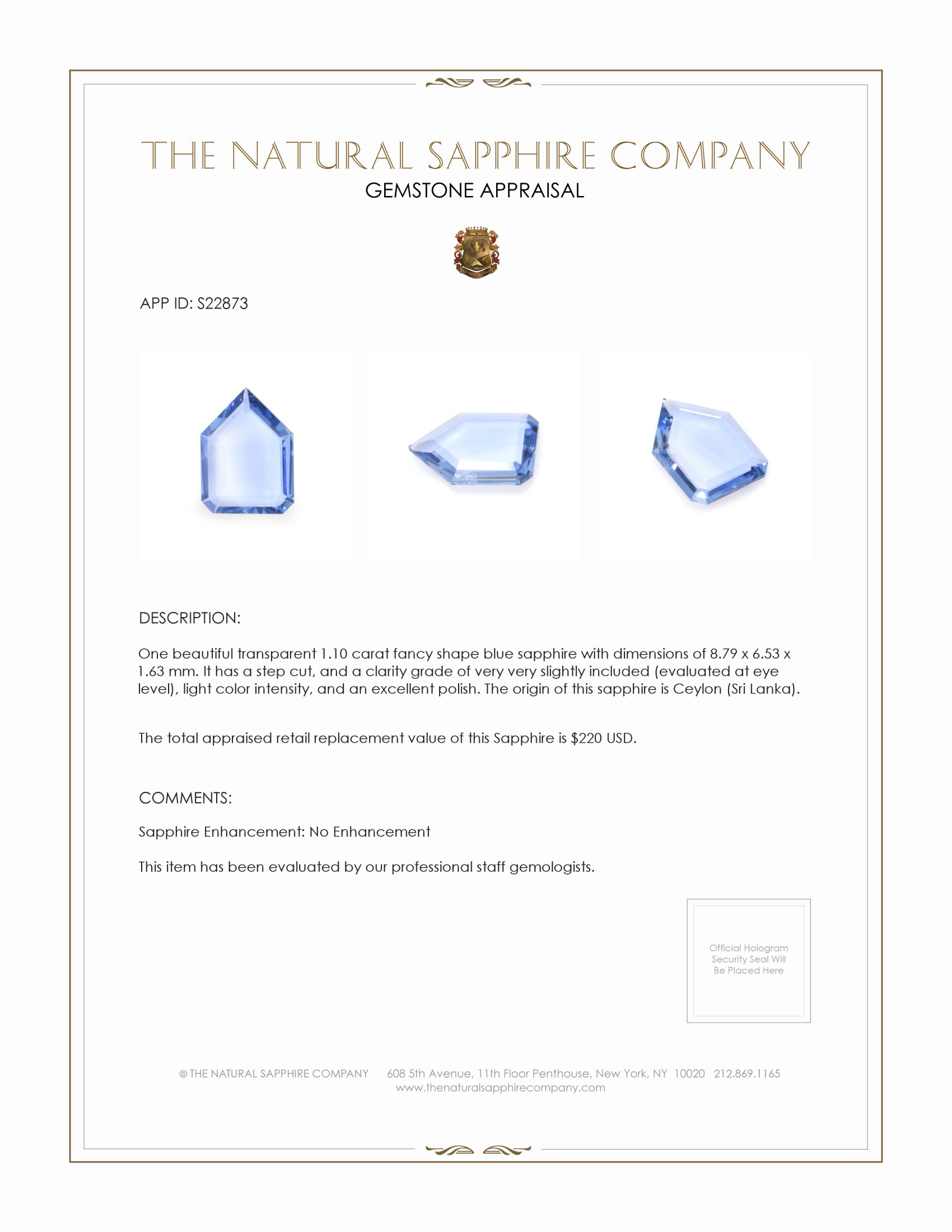 1.10 Ct. Blue Sapphire from Ceylon (Sri Lanka)