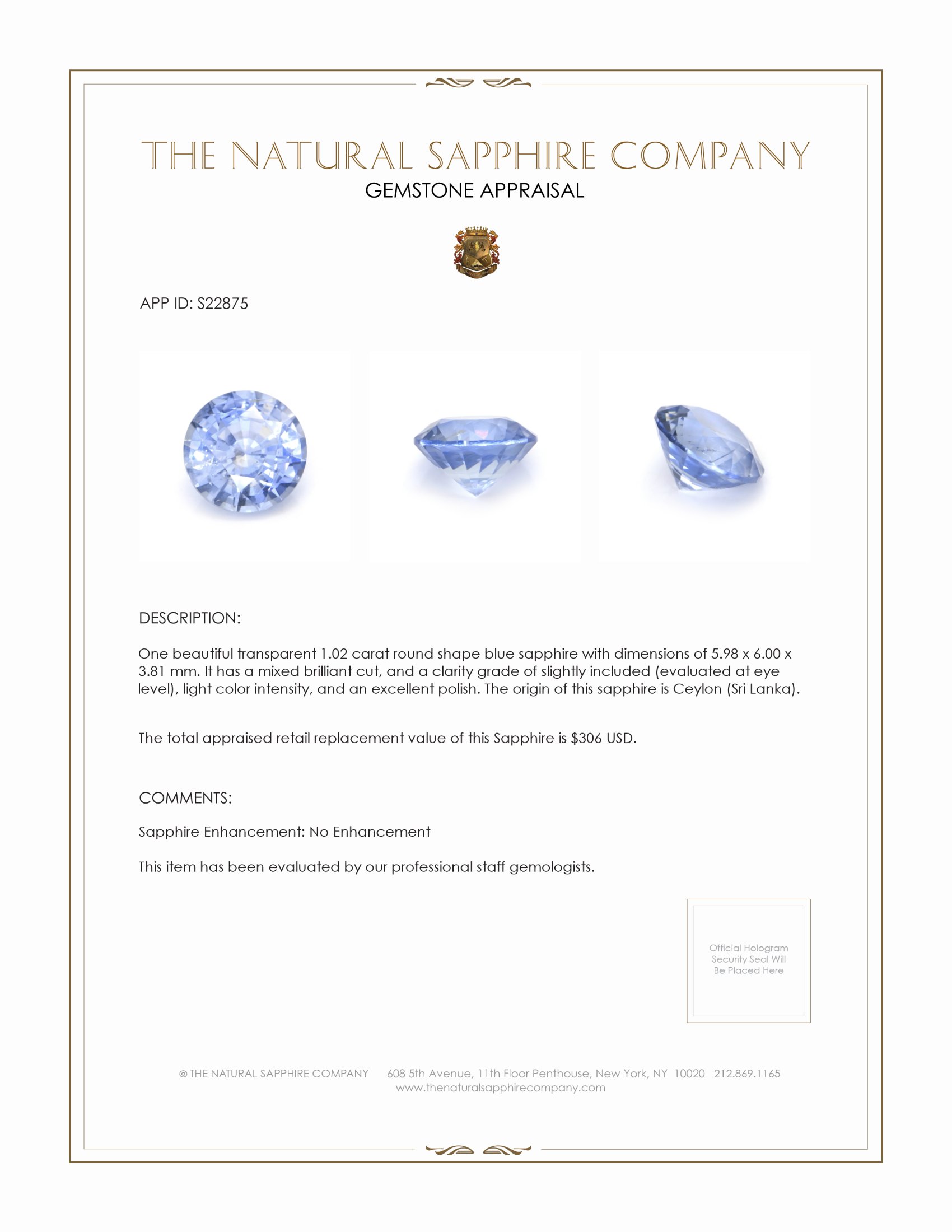 1.02 Ct. Blue Sapphire from Ceylon (Sri Lanka)